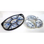 Edwardian Booths Silicon China hors-d'oeuvres set with blue, white and gilt willow pattern