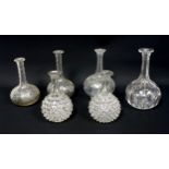 Pair of Georgian "hedgehog" blown glass globe and shaft decanters, and 4 other later decanter, (