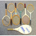 6 wooden tennis racquets, including Wilson Chris Evert & Jimmy Connors Pro and Slazenger Challenge