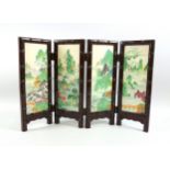 Chinese "Bamboo" 4 leaf table screen each inset with a porcelain panel painted with a river scene,