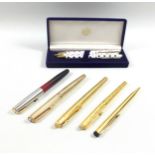 Montblanc gilt metal fountain pen with an 18ct gold nib, (a/f); Sheaffer rolled gold biro, Parker