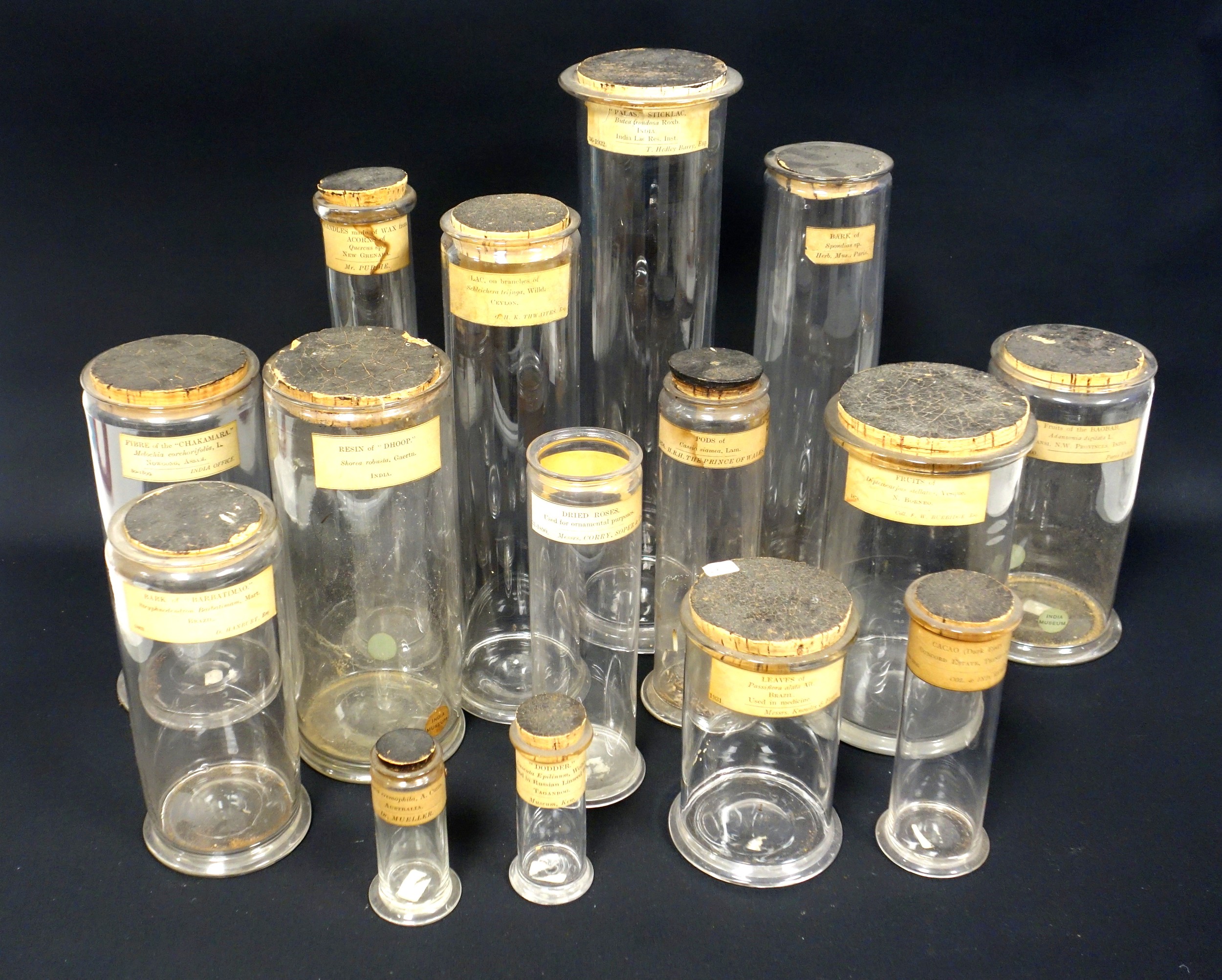 Collection of 14 Victorian and later labelled apothecary jars, including one labelled "Collected