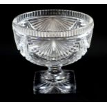Large Fan pattern cut glass fruit bowl raised on a square foot, H. 21.5 cm, Dia. 23 cm, Weight 4.