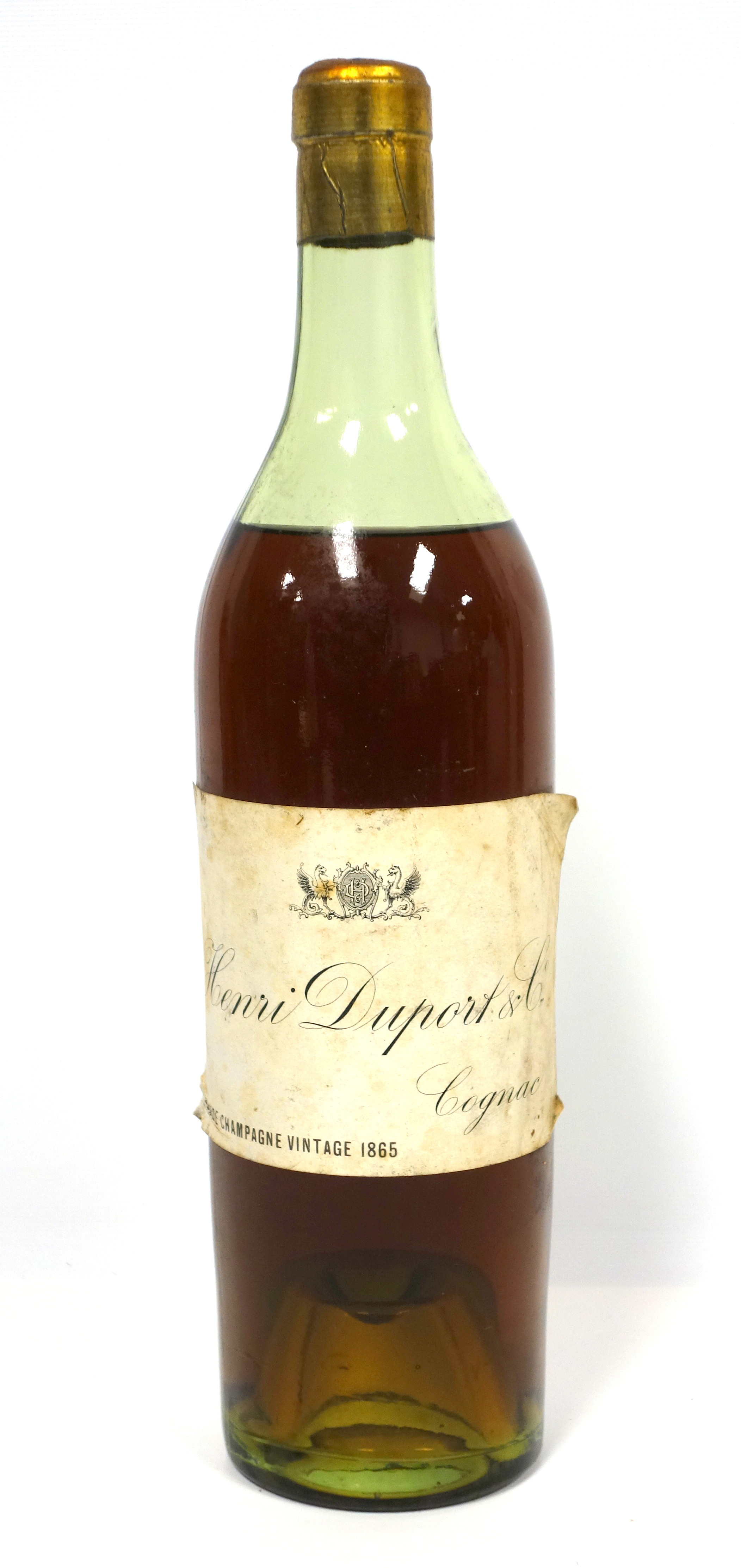 Single bottle of 1865 vintage Henri Duport & Co. Grande Champagne Cognac, unopened, mid-shoulder