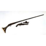 19th century Middle Eastern "Jezail" flintlock musket with bone inlaid hilt, L.152.5cm, (badly a/f