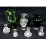 Victorian claret jug with fern engraving, 2 green jugs, one with stirrer and 4 small carafes (8)