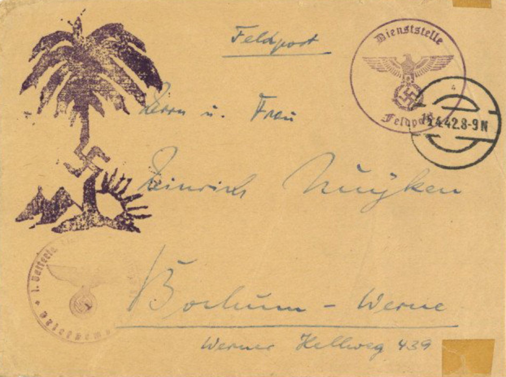 Deutsches Reich 1942 Dienstpostbrief der Feldpost in Nordafrika mit privat hergestelltem