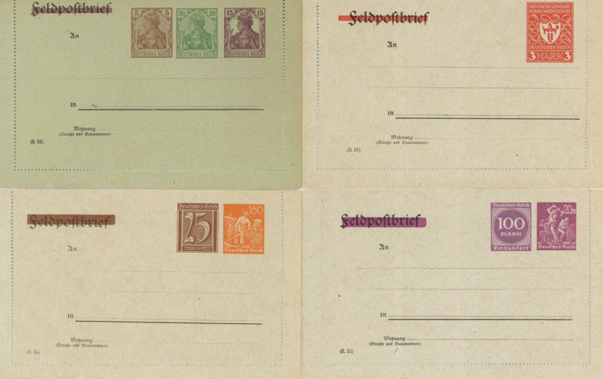 Deutsches Reich 1920/23 acht ungebrauchte Feldpostkartenbriefformulare, mit Zudruck von Wertstempeln