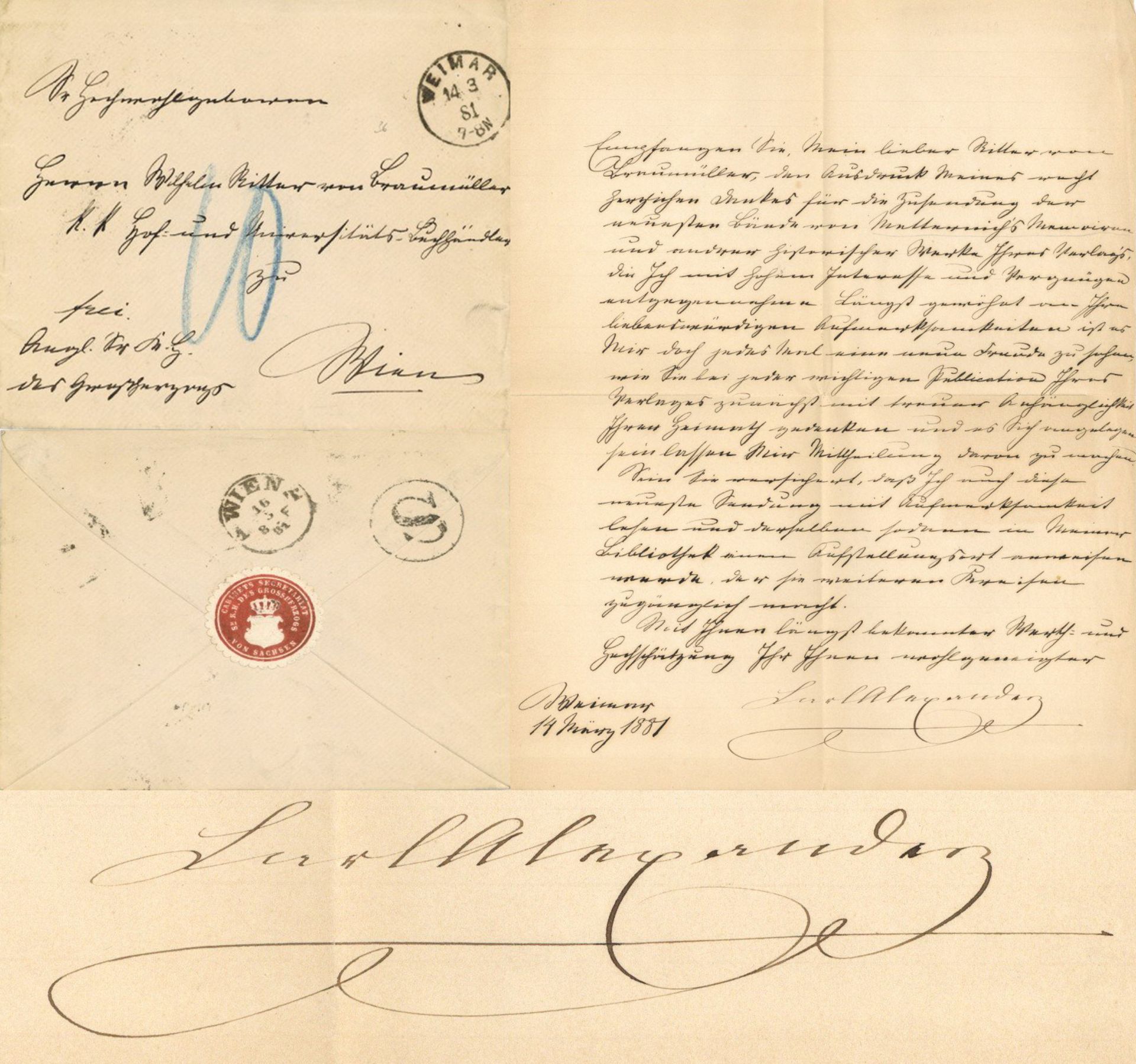 Autograph Carl-Alexander von Sachsen-Weimar-Eisenach (1818-1901) handgeschriebener Brief vom 14.3.