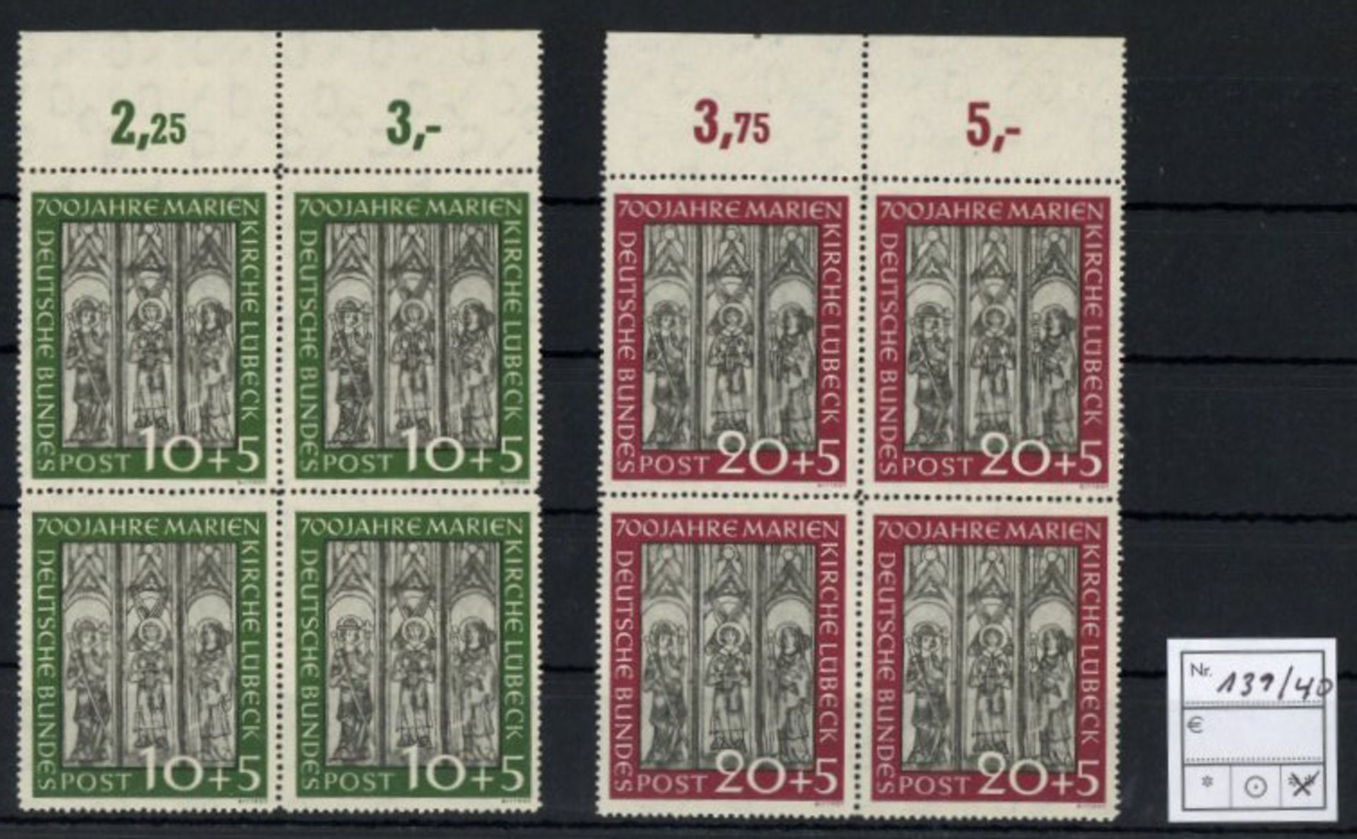 BUND Mi.Nr.139-40(4), 1951, 10 und 20 Pf Markienkirche Lübeck in ** Oberrand-Viererblöcken I-II