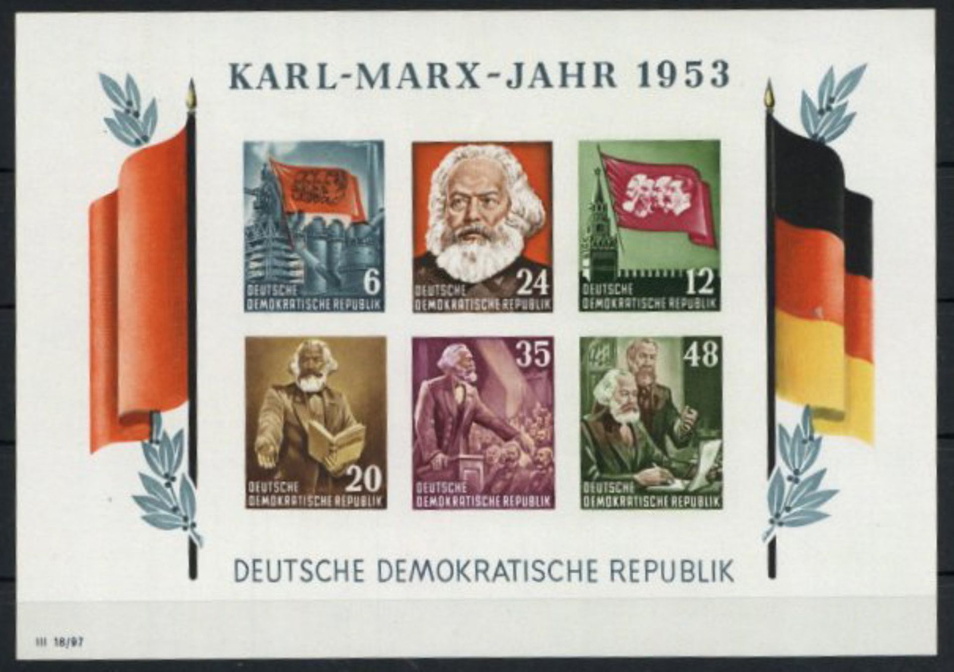 DDR 1949/62, postfrische Partie mit Dubletten auf 31 großen Steckkarten, u.a. Marx-Blocks,