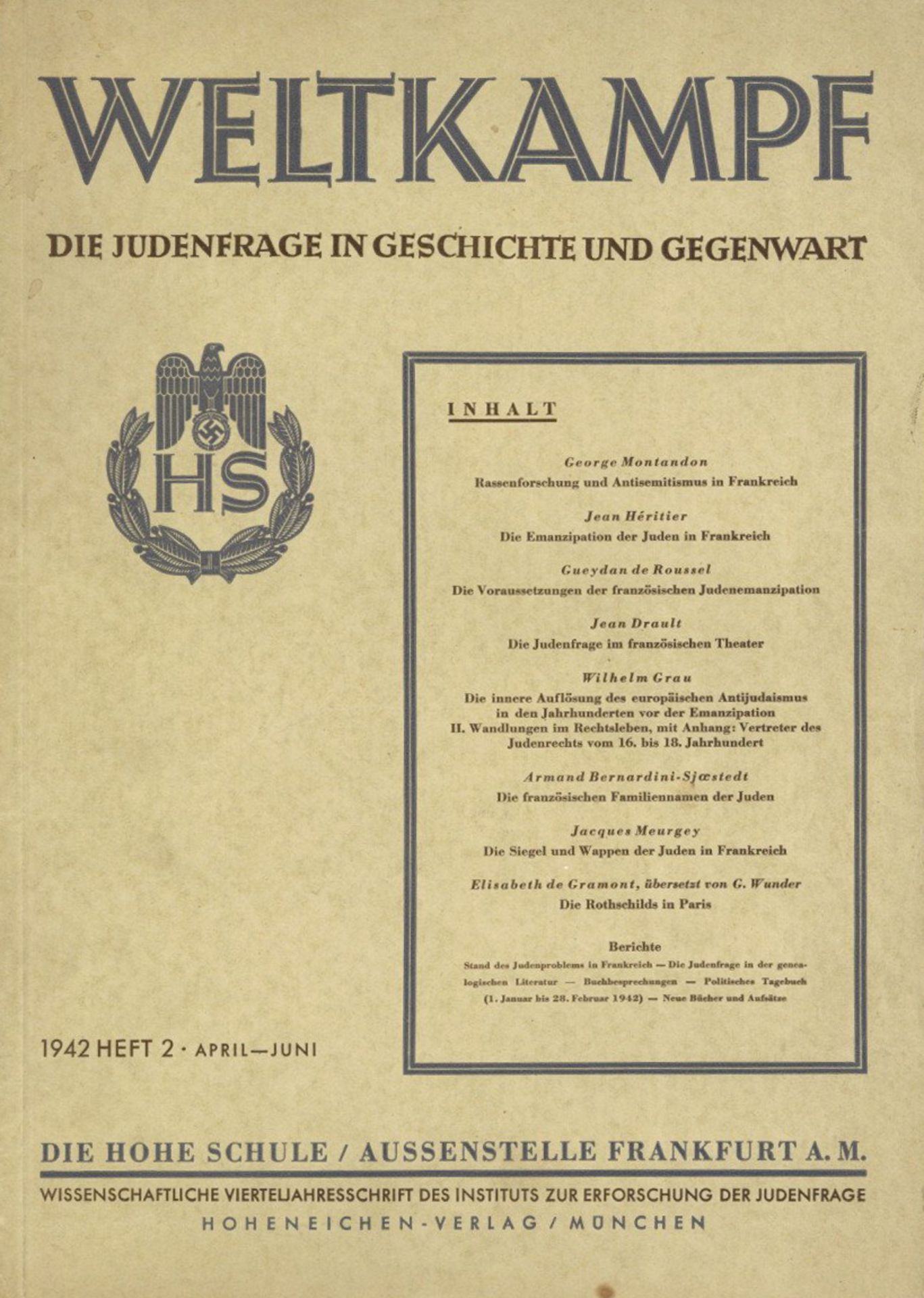 Judaika Buch Weltkampf Die Judenfrage in Geschichte und Gegenwart Heft 2 April - Juni 1942 Verlag