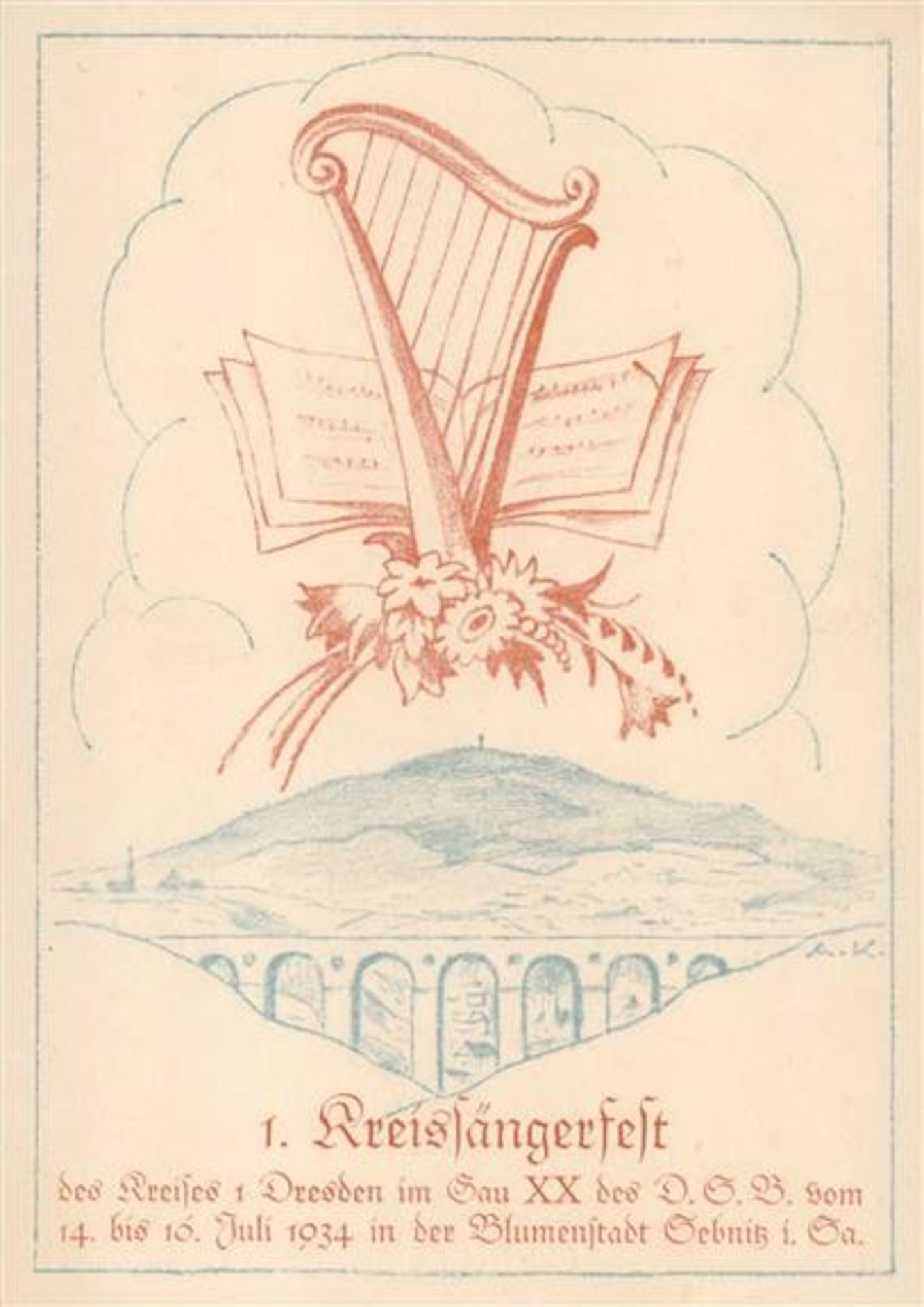 SEBNITZ,Sa. WK II - 1.KREISSÄNGERFEST 1934 Festkarte (keine Ak) I