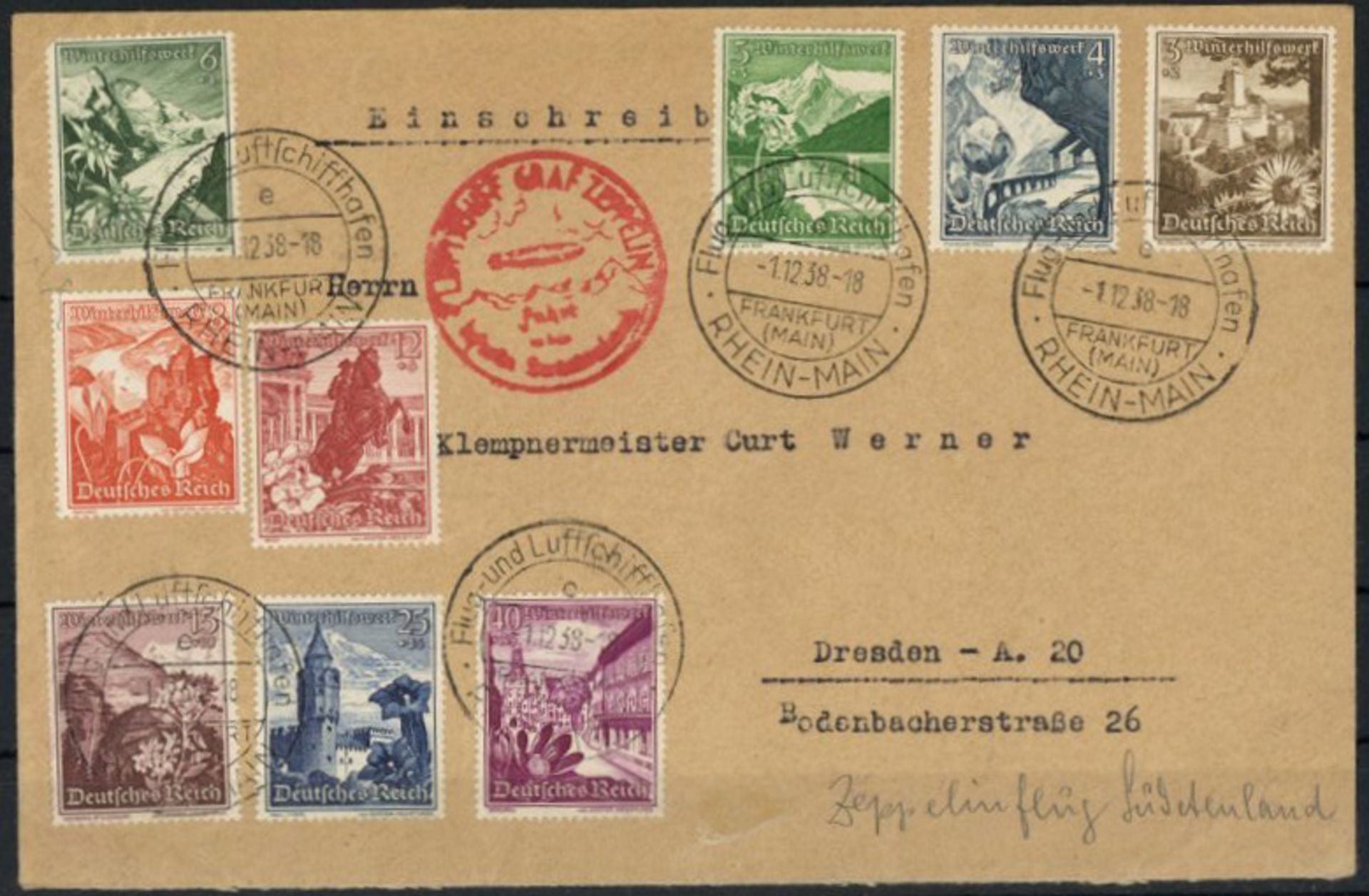 Zeppelinpost 1938, Si.456, Sudetenlandfahrt, roter Best.Stpl. auf Brief mit 9 WHW-Marken (6 Pf