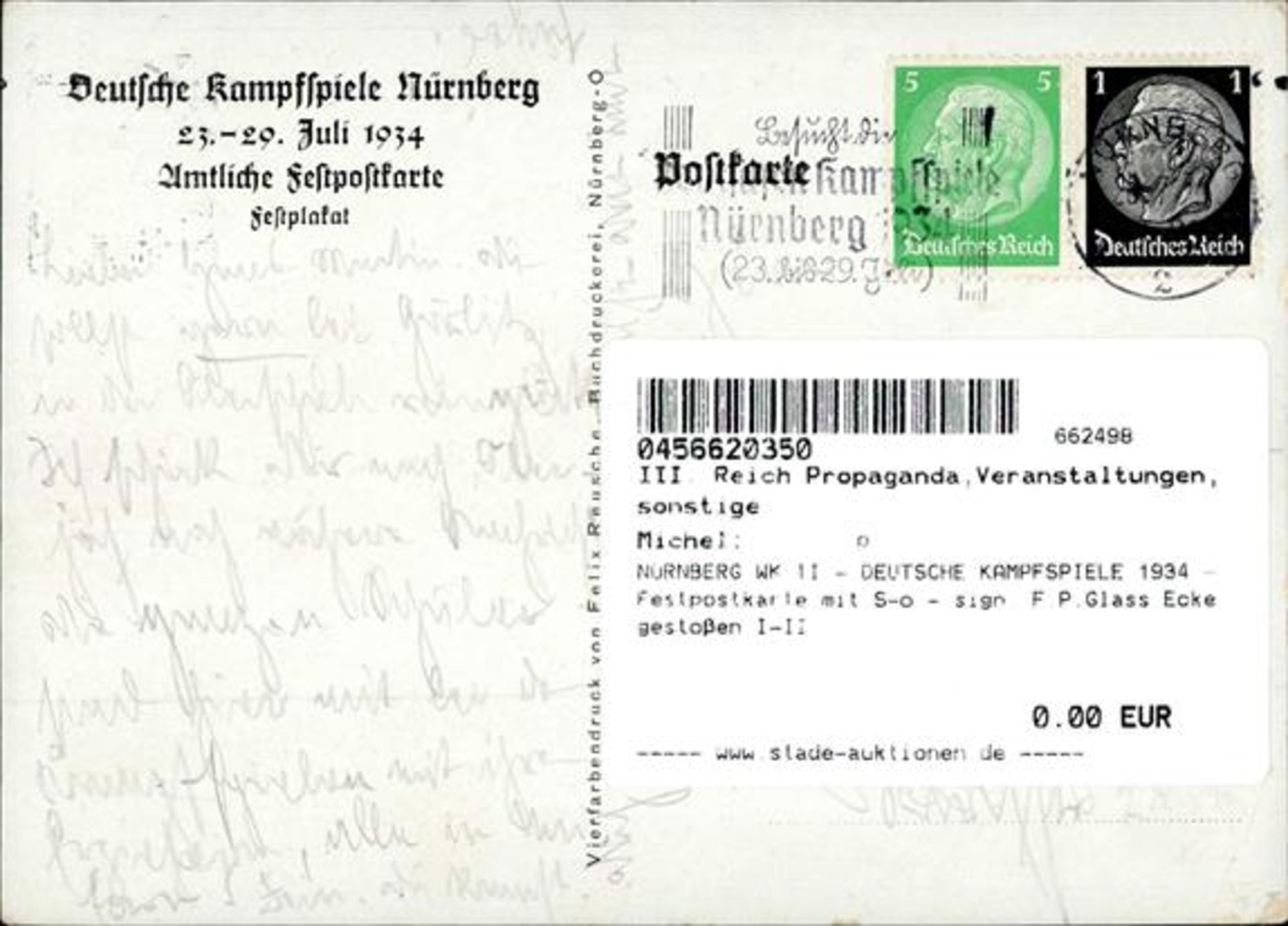 NÜRNBERG WK II - DEUTSCHE KAMPFSPIELE 1934 - Festpostkarte mit S-o - sign. F.P.Glass Ecke gestoßen - Bild 2 aus 2