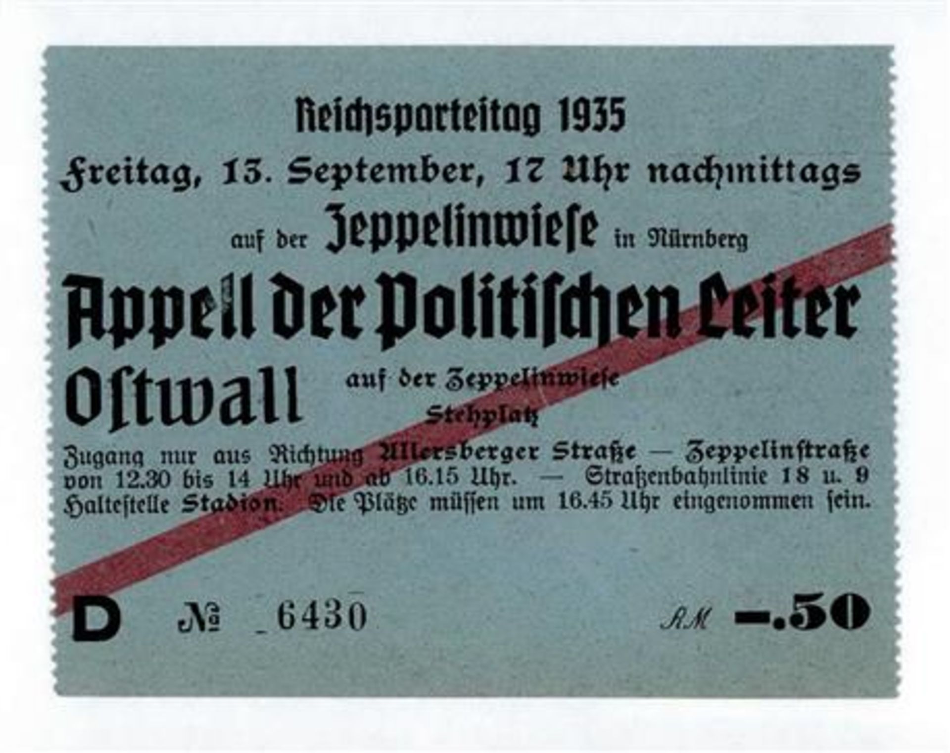 Reichsparteitag Nürnberg (8500) WK II 1935 Eintrittskarte Appell der Politischen Leiter 1935 I-II