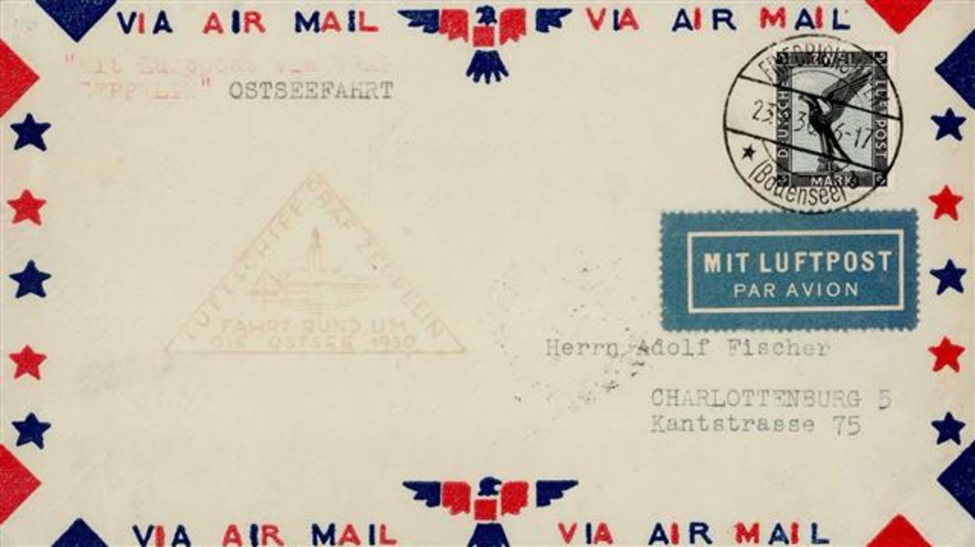 Zeppelinpost 1930, Si.88AAa, Ostseefahrt, 2 M Adler, FN 23.9.30, Best.Stpl., Brief rs. Ak