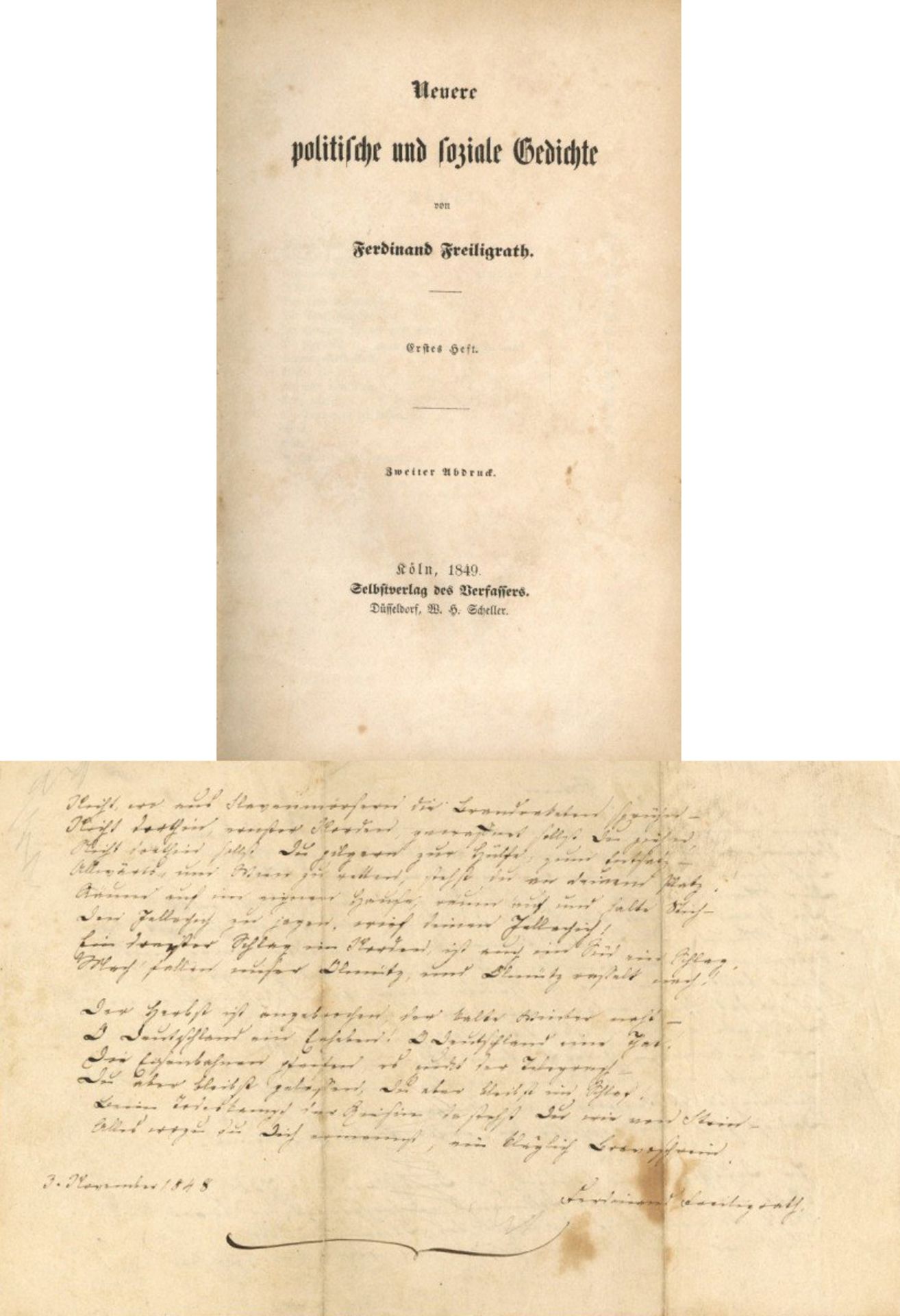 Literatur Freiligrath, Ferdinand Lot mit 1 Brief Autograph und 1 Buch Neuere politische und