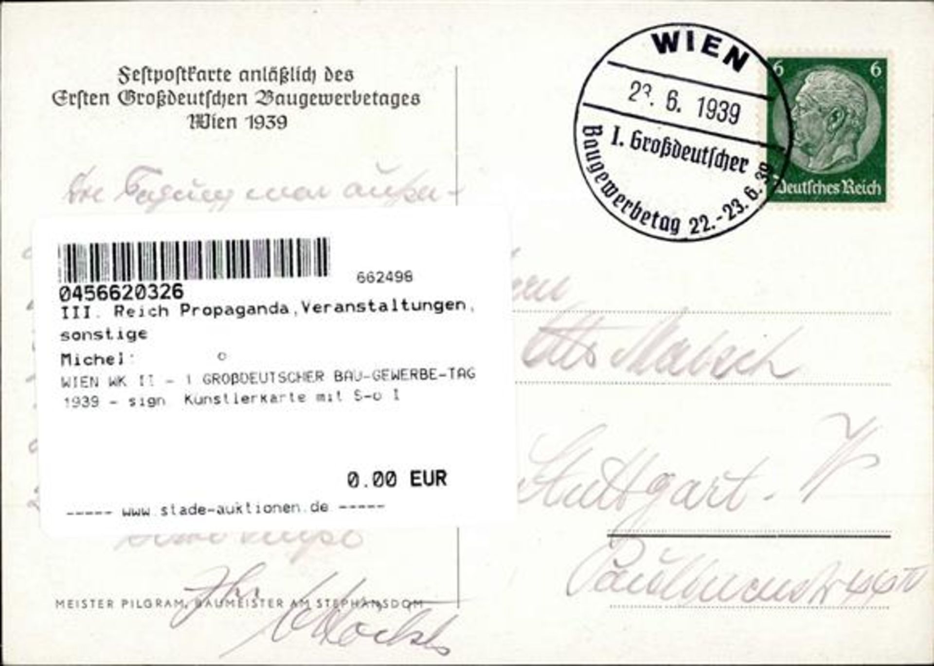 WIEN WK II - 1.GROßDEUTSCHER BAU-GEWERBE-TAG 1939 - sign. Künstlerkarte mit S-o I - Bild 2 aus 2