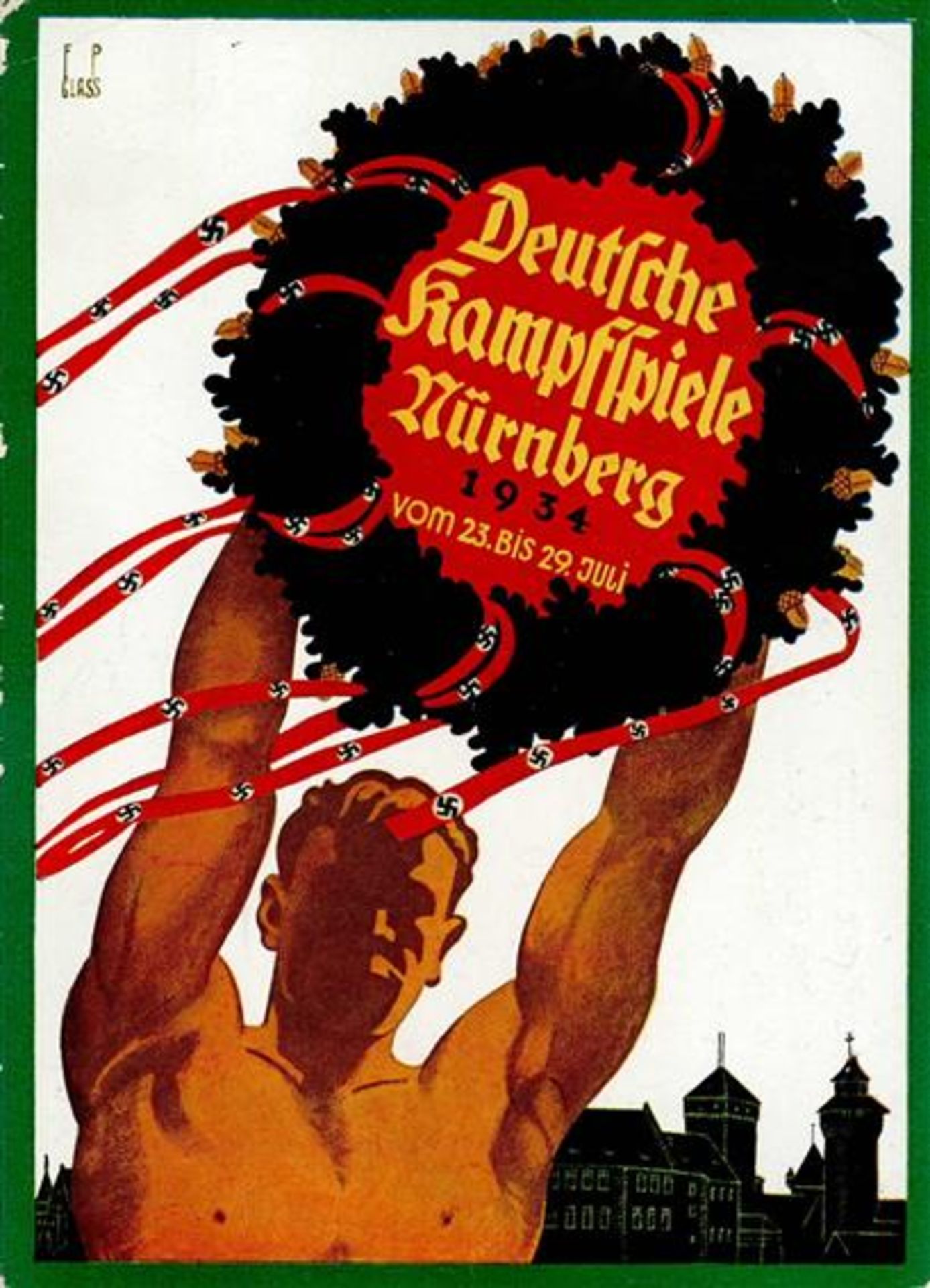 NÜRNBERG WK II - DEUTSCHE KAMPFSPIELE 1934 - Festpostkarte mit S-o - sign. F.P.Glass Ecke gestoßen