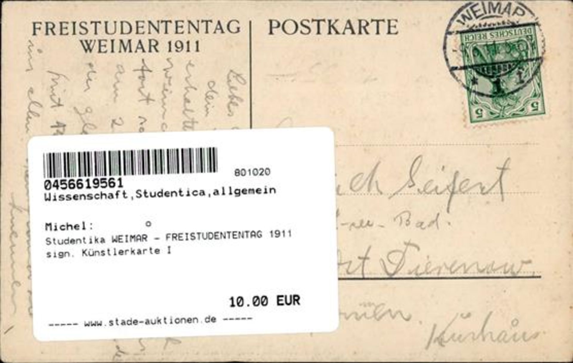 Studentika WEIMAR - FREISTUDENTENTAG 1911 sign. Künstlerkarte I - Bild 2 aus 2