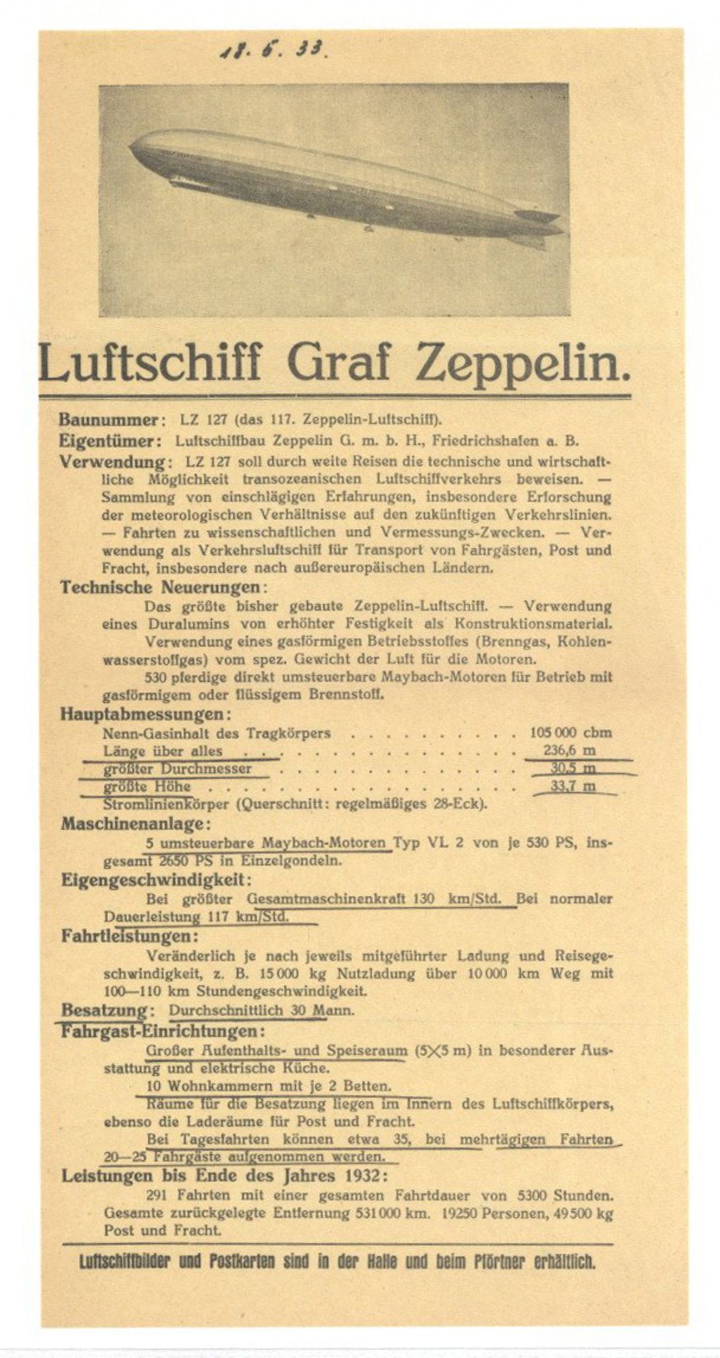 Zeppelin LZ 127 Graf Zeppelin 1 Typen Infoblattt circa 1933 I-II