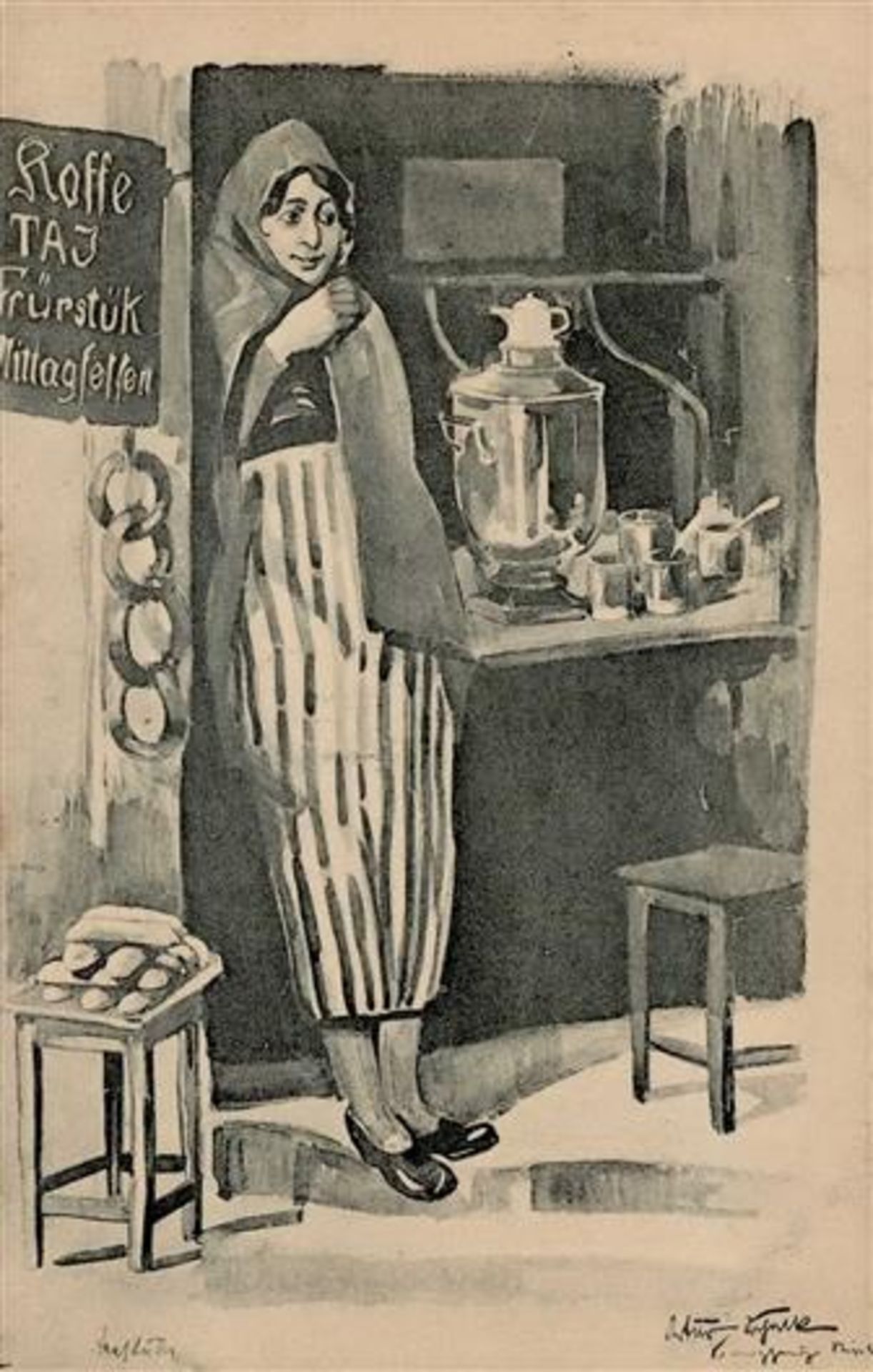 Judaika - Feldpost 1916 - Jüdin verkazft Kaffee, Tee, Frühstück - sign. Künstlerkarte I