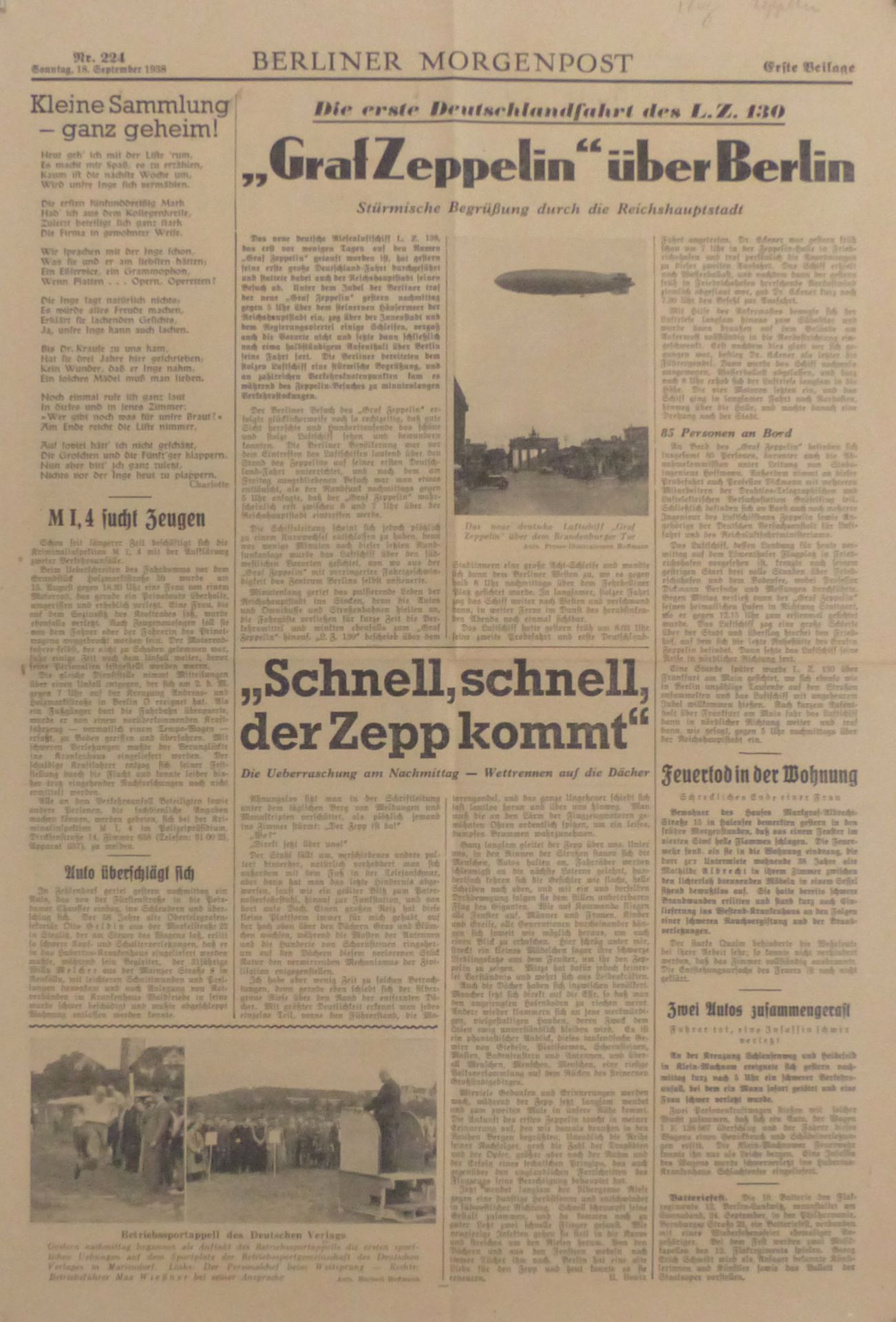 Zeppelin LZ130 Graf Zeppelin II über Berlin Zeitungsberich Berliner Morgenpost 1938 I-II