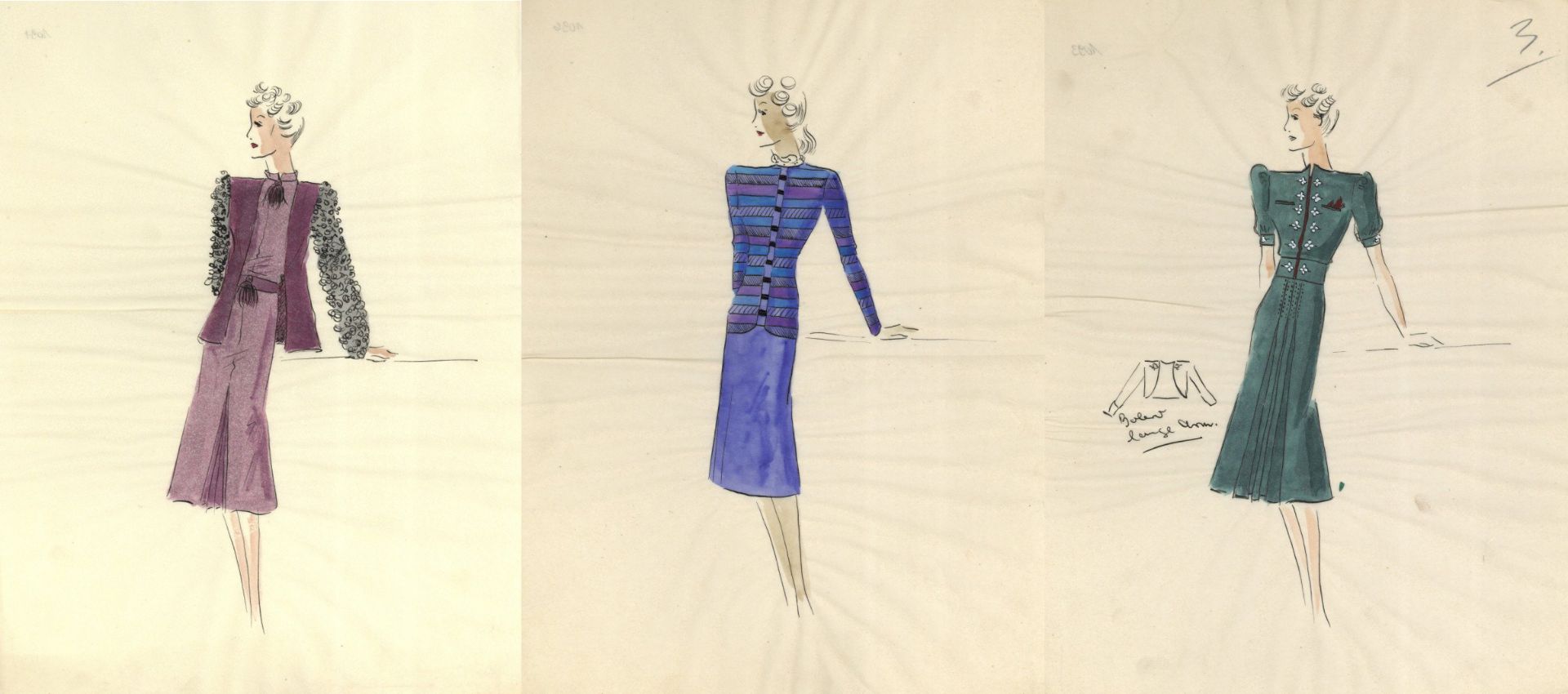 Mode handgemalt Lot mit 8 Pergamentblättern Entwürfe 60'er Jahre I-II
