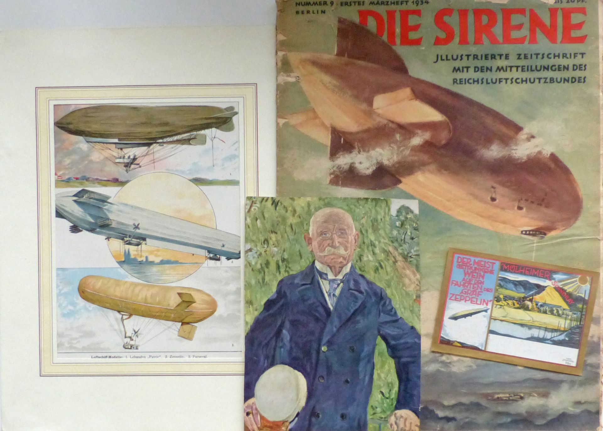 Zeppelin Lot mit 1 Zeitung Die Sirene 1 Litho Luftschiffe 1 Kunstdruck Graf Zeppelin u. 1 Wein