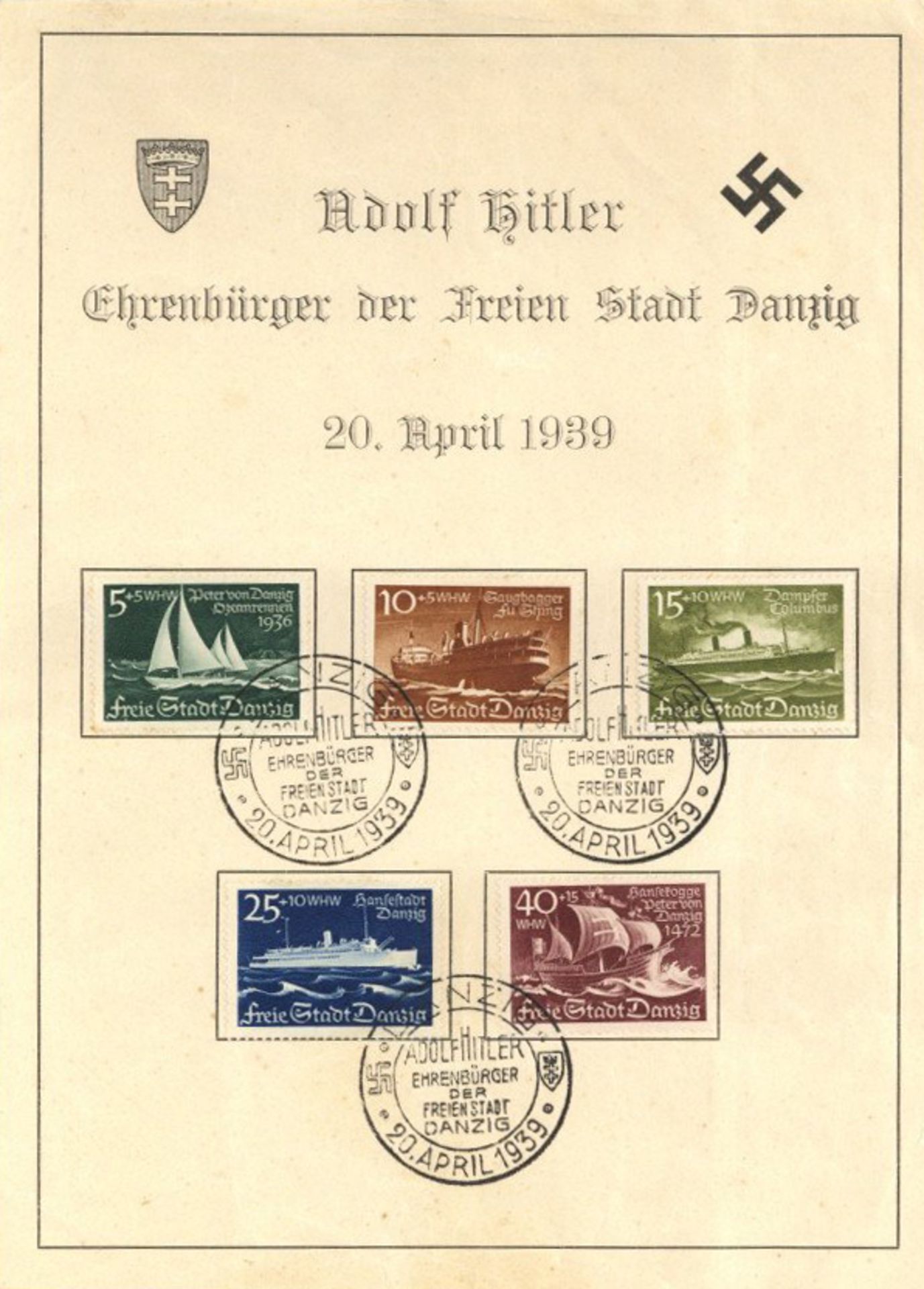 Propaganda WK II Schmuckblatt mit 5 Briefmarken S-o Adolf Hitler Ehrenbürger der Freien Stadt Danzig