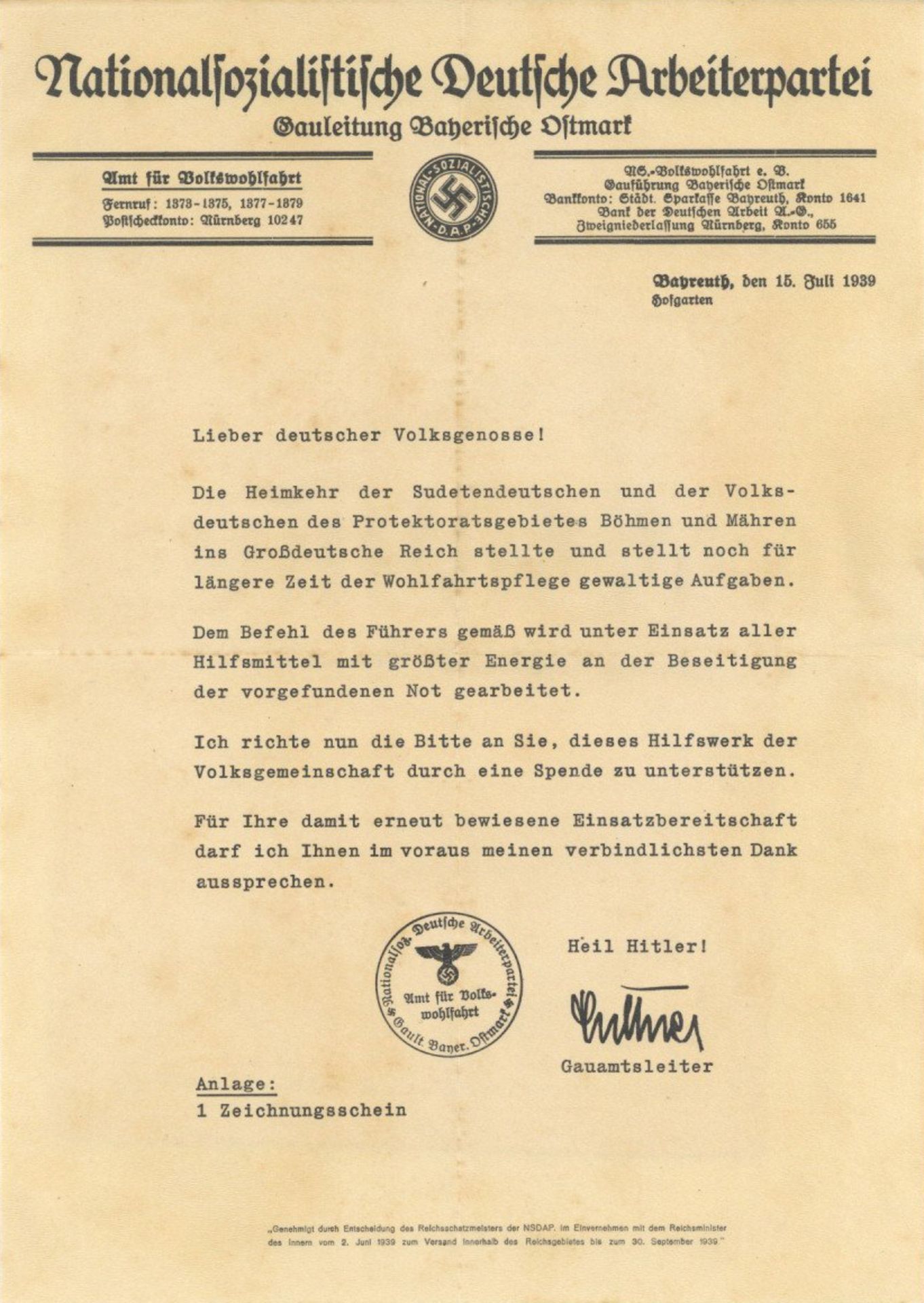 WHW WK II 1939 Gau Bayer. Ostmark 1 Beleg Spendenaufruf mit Umschlag I-II (fleckig)