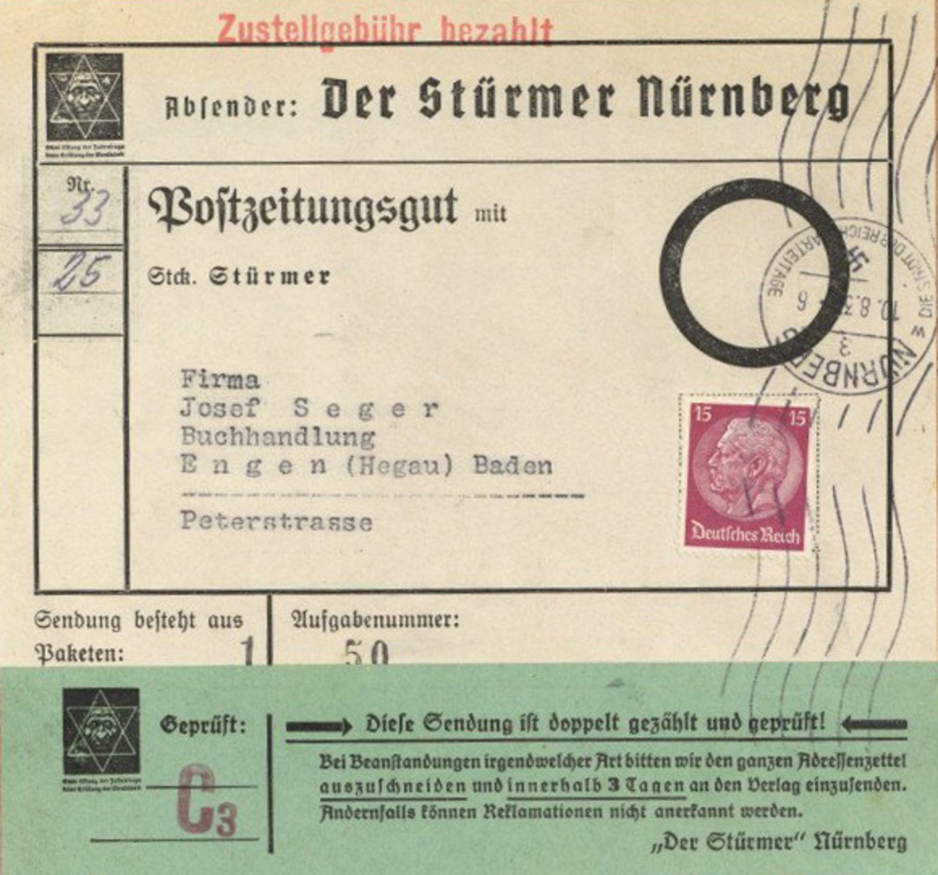 Judaika Postbandarole Der Stürmer Nürnberg I-II