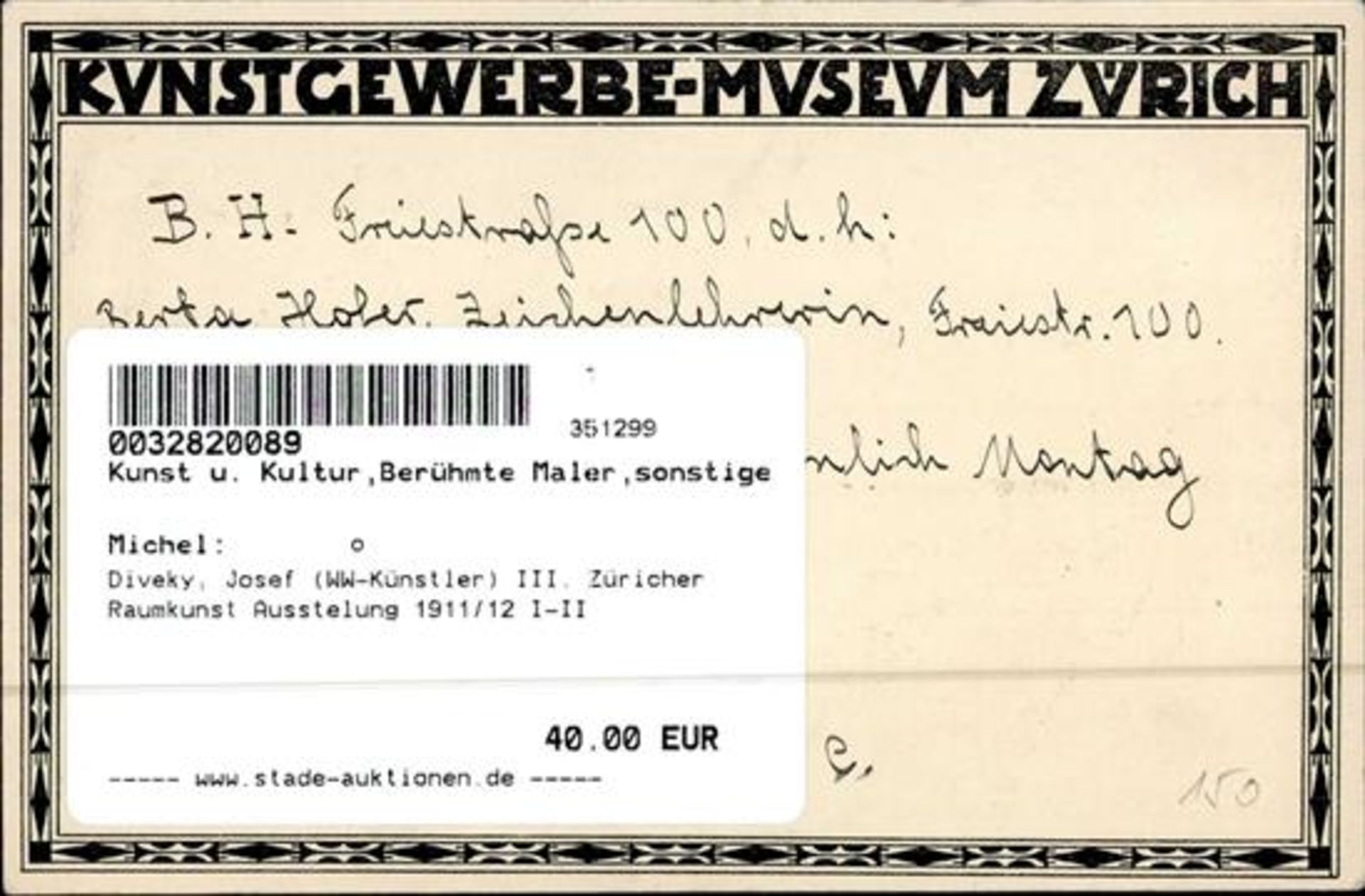 Diveky, Josef (WW-Künstler) III. Züricher Raumkunst Ausstellung 1911/12 I-II - Bild 2 aus 2