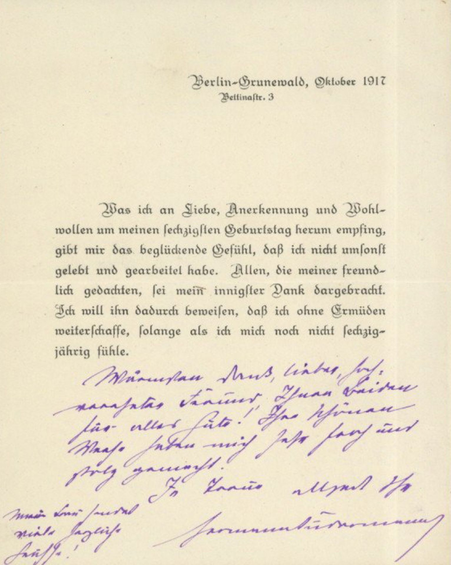 Sudermann, Hermann (1857-1928) Schriftsteller Vorgedruckte Danksagung zum 60. Geburtstag 1917 mit