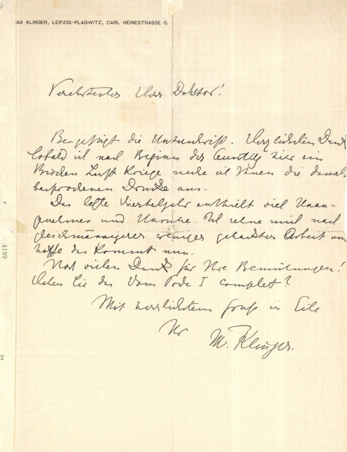 Klinger, Max (1857-1920) Maler und Bildhauer, Eigenhändiger Brief mit Kopfadresszeile und