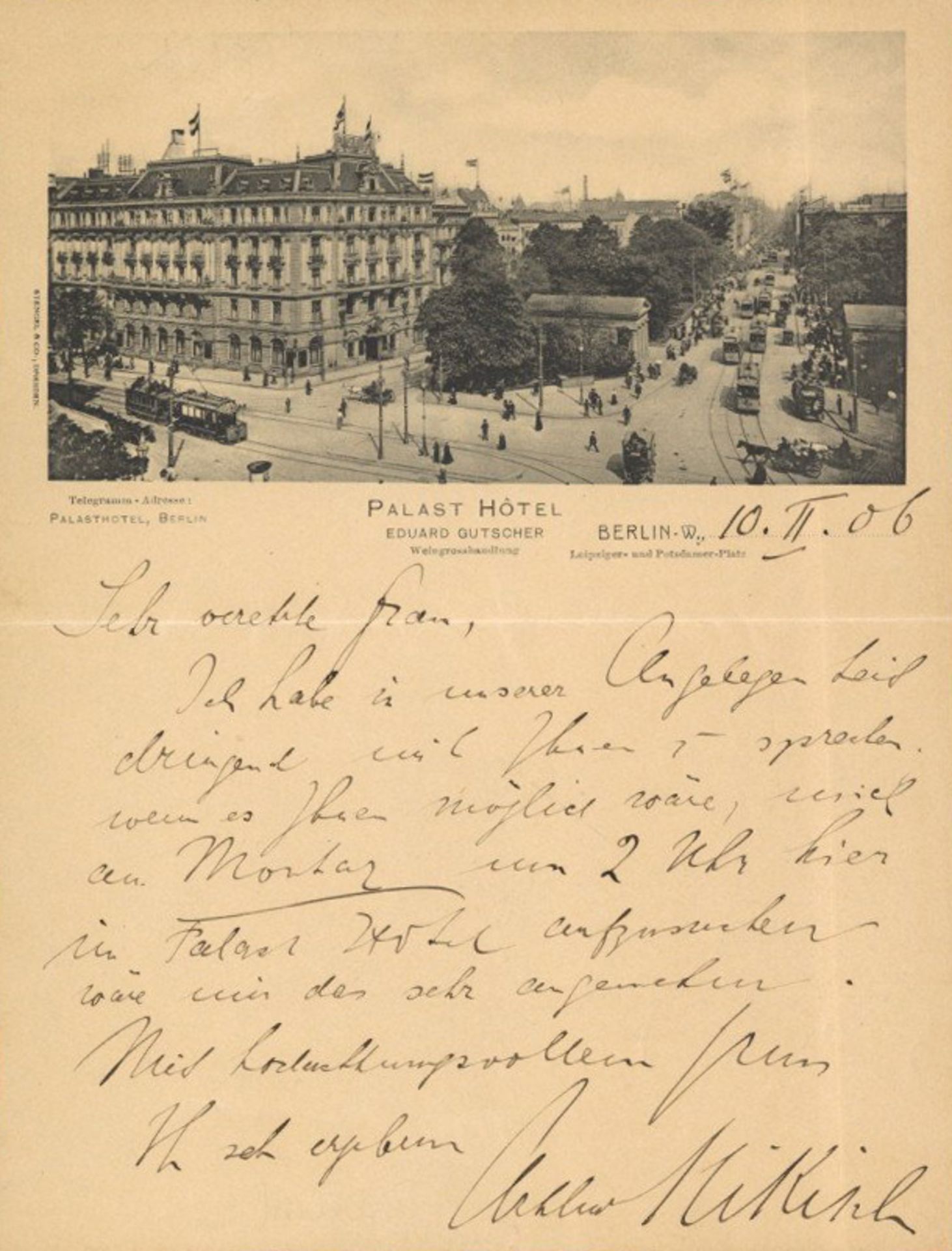 Nikisch, Arthur (1855-1922) Dirigent, Eigenhändiger Brief auf Briefpapier des Berliner Palasthotel