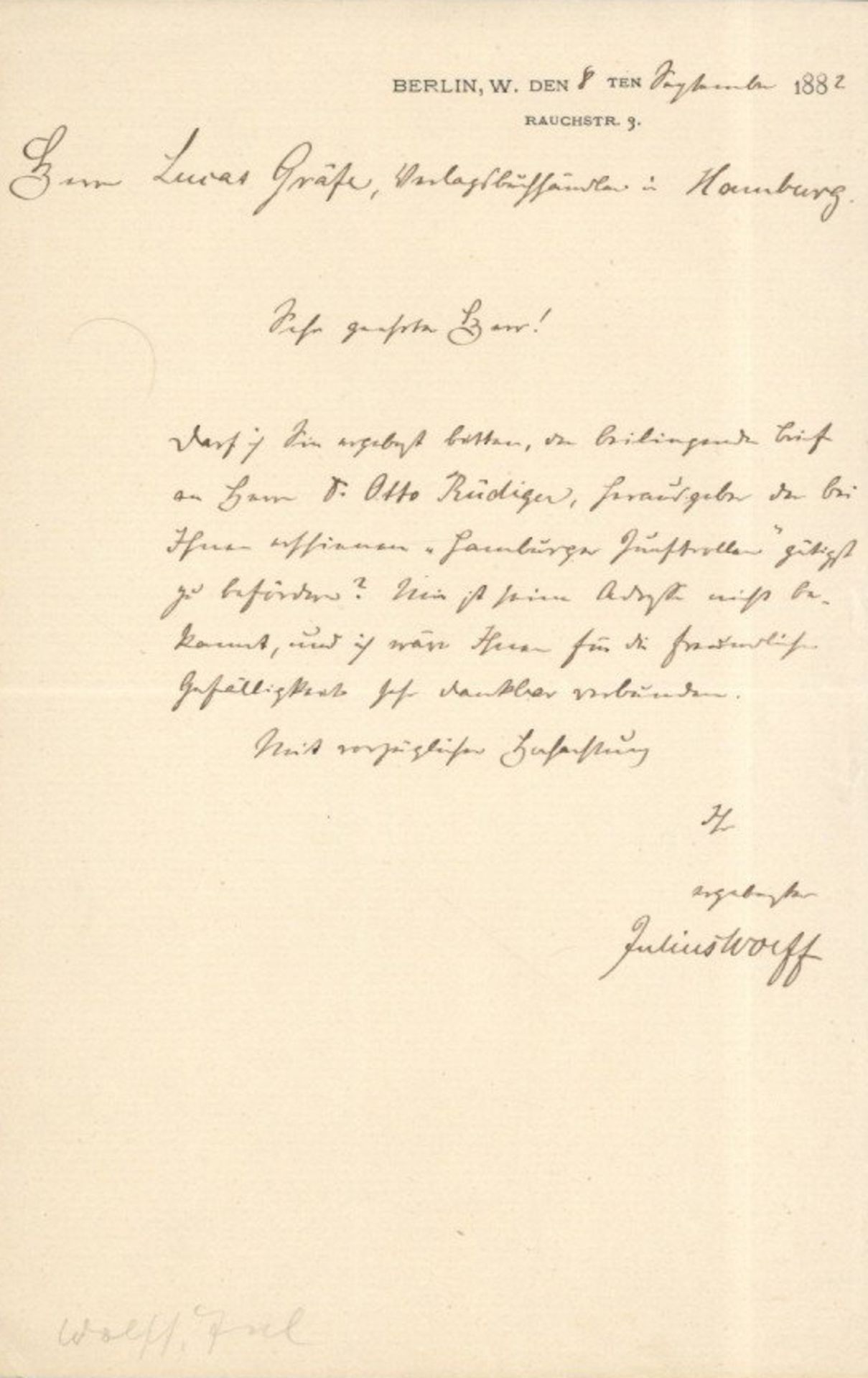 Wolff, Julius (1834-1910) Dichter und Schriftsteller, Eigenhändiger Brief mit Unterschrift, 08.09.