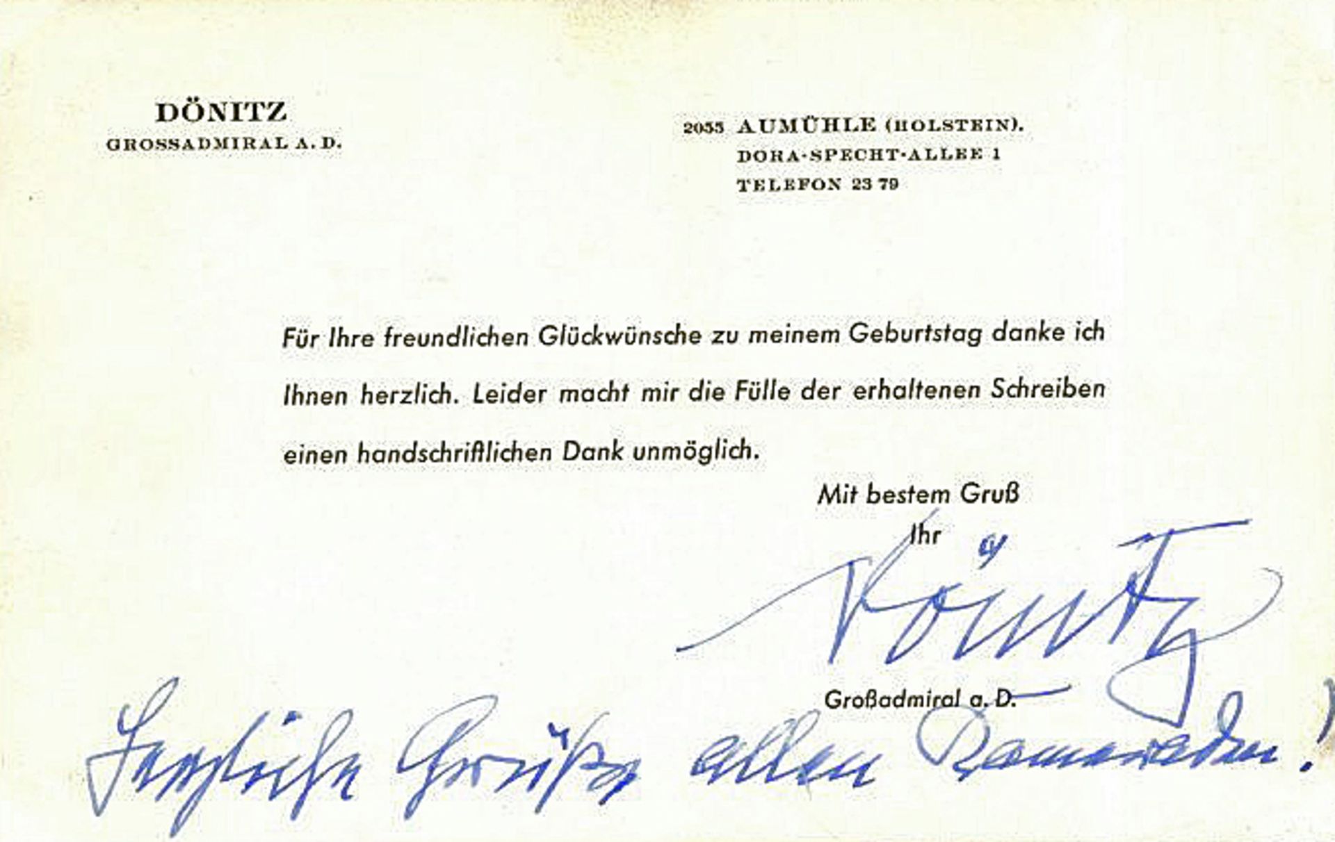 Ritterkreuzträger Großadmiral Dönitz, Karl Danksagung zum Geburtstag mit Unterschrift und