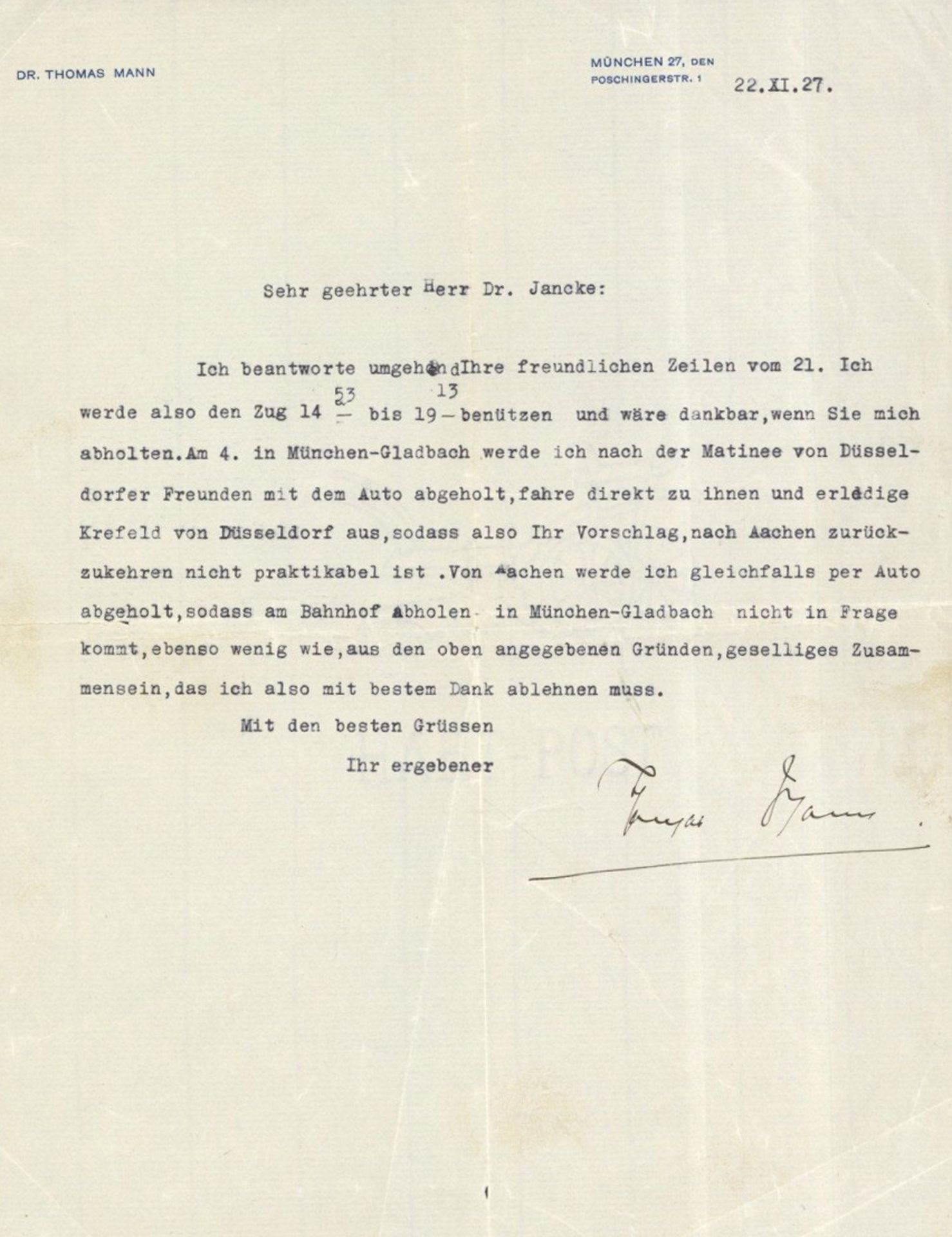 Mann, Thomas (1875-1955) Schriftsteller und Literaturnobelpreisträger, Maschinenbrief mit