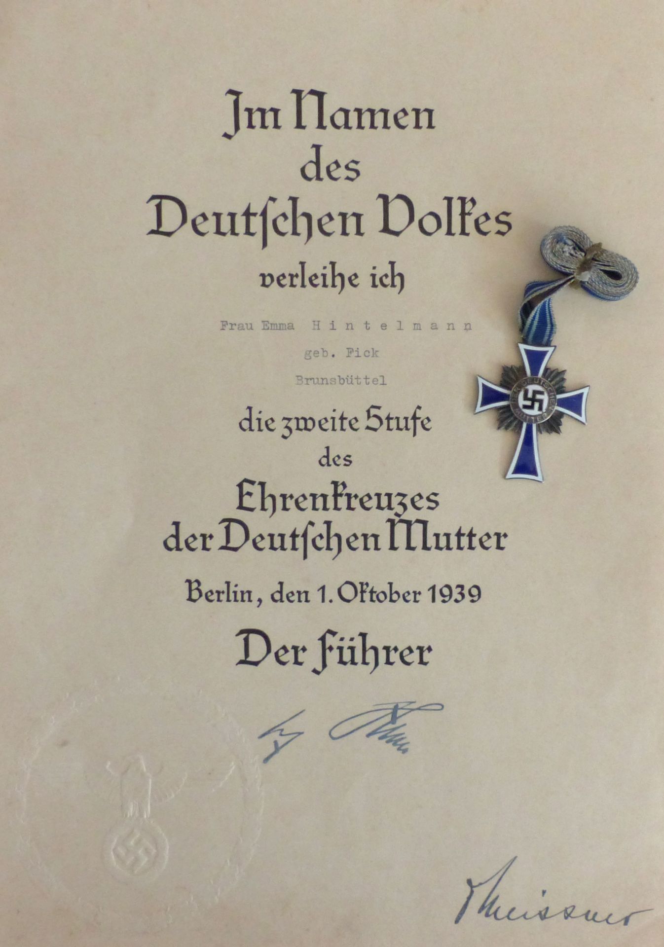 WK II Orden Ehrenkreuz der Deutschen Mutter 2. Stufe mit Verleihungsurkunde I-II