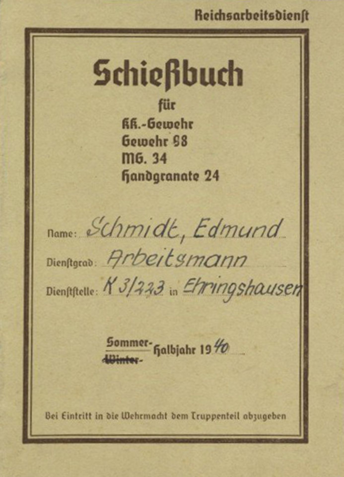 WK II RAD Reichsarbeitsdienst Schießbuch I-II