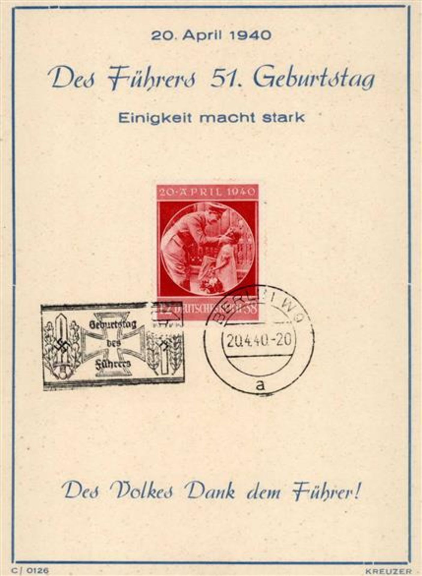 NS-GEDENKBLATT WK II - Des Führers 51. Geburtstag 20.April 1940 mit So-Marke und S-o I