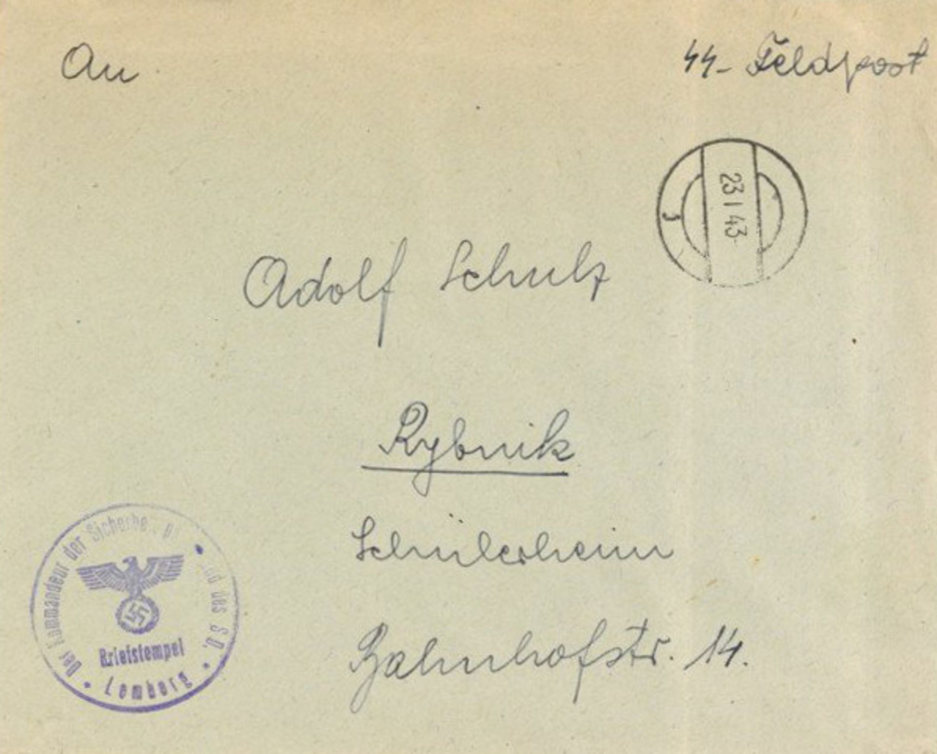 SS WK II - SS-Feldpostbrief 1943 Der KOMMANDEUR der SICHERHEITSPOLIZEI und des S.D. LEMBERG kl.