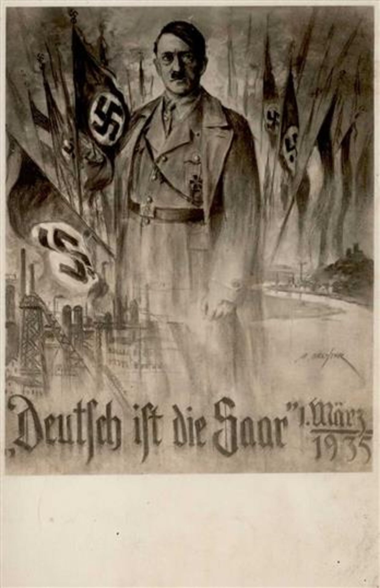 SAARABSTIMMUNG 1935 WK II - DEUTSCH ist die SAAR 1. März 1935 - seltene dekorative Hitler-Künstler-
