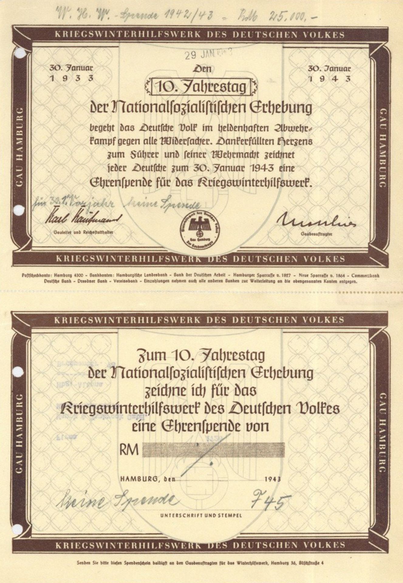 WHW WK II Hamburg (2000) Spendenbeleg zum 10. Jahrestag der Nationalsozialistischen Erhebung 1943