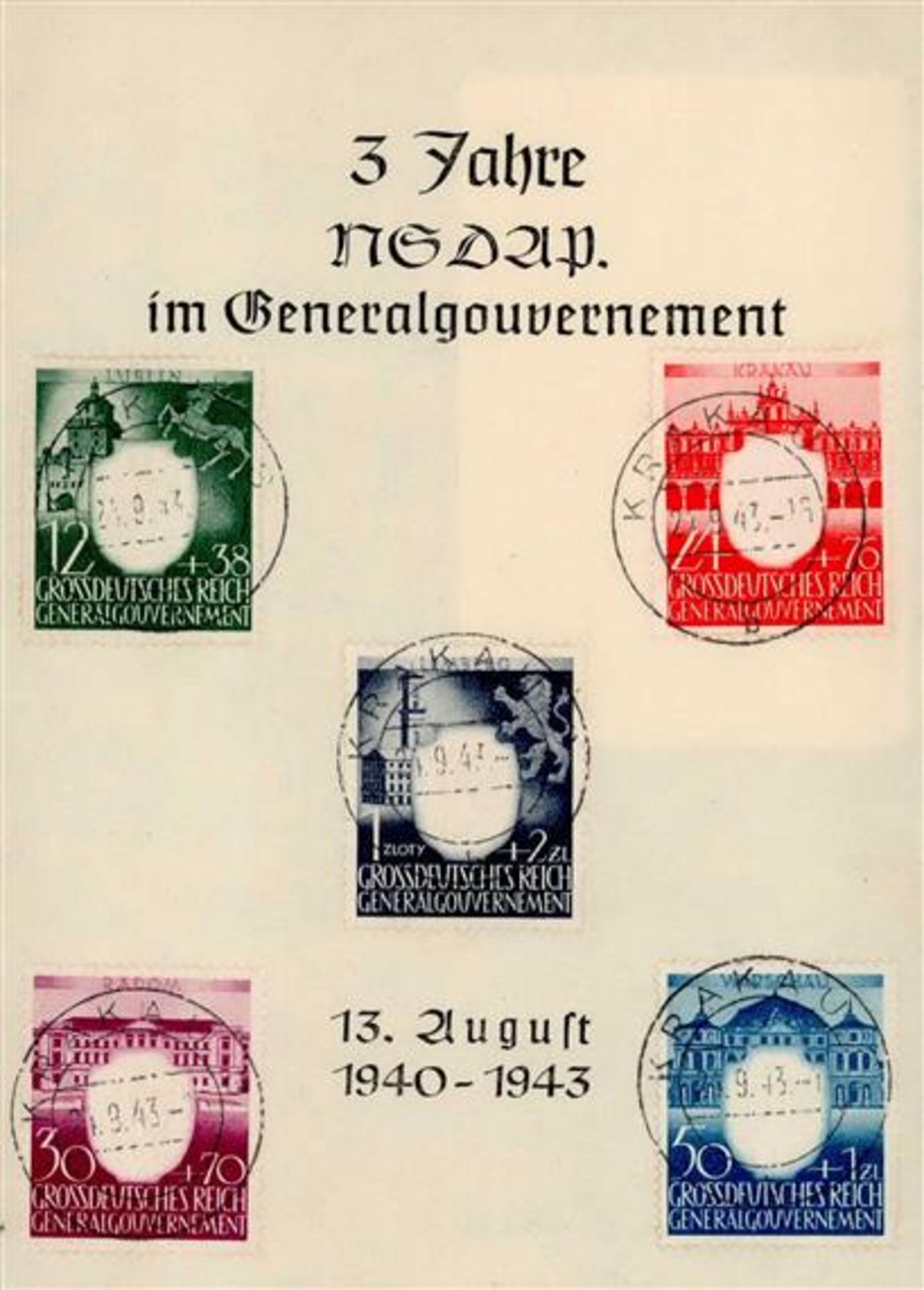 NS-GEDENKBLATT WK II - 3 Jahre NSDAP im GENERALGOUVERNEMENT o Krakau 1943 - selbst gefertigt I-II