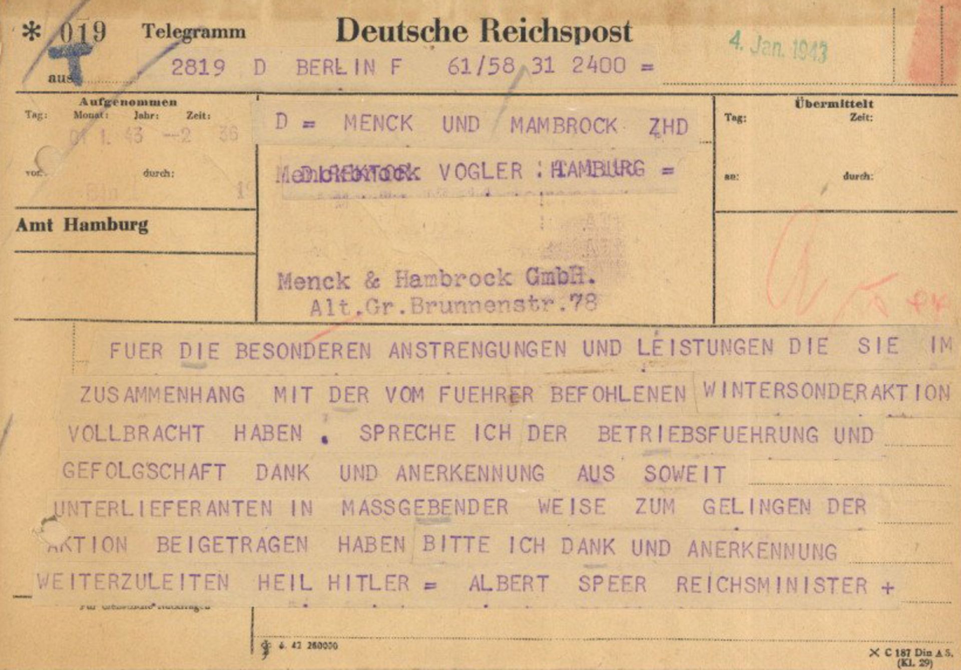 WHW WK II Hamburg (2000) Telegramm von Albert Speer Spendendanksagung 1943 II