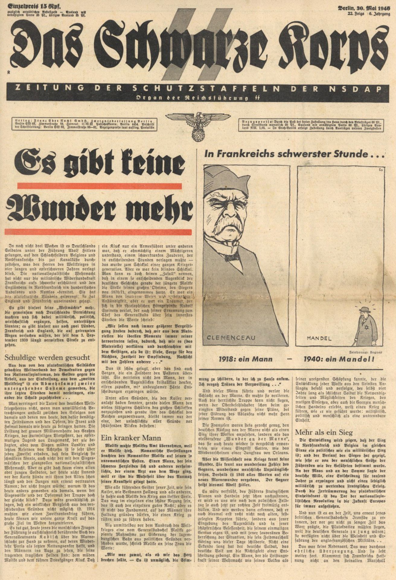 SS WK II Buch Zeitung Das Schwarze Korps Zeitung der Schutzstaffeln der NSDAP Mai 1940 Zentralverlag