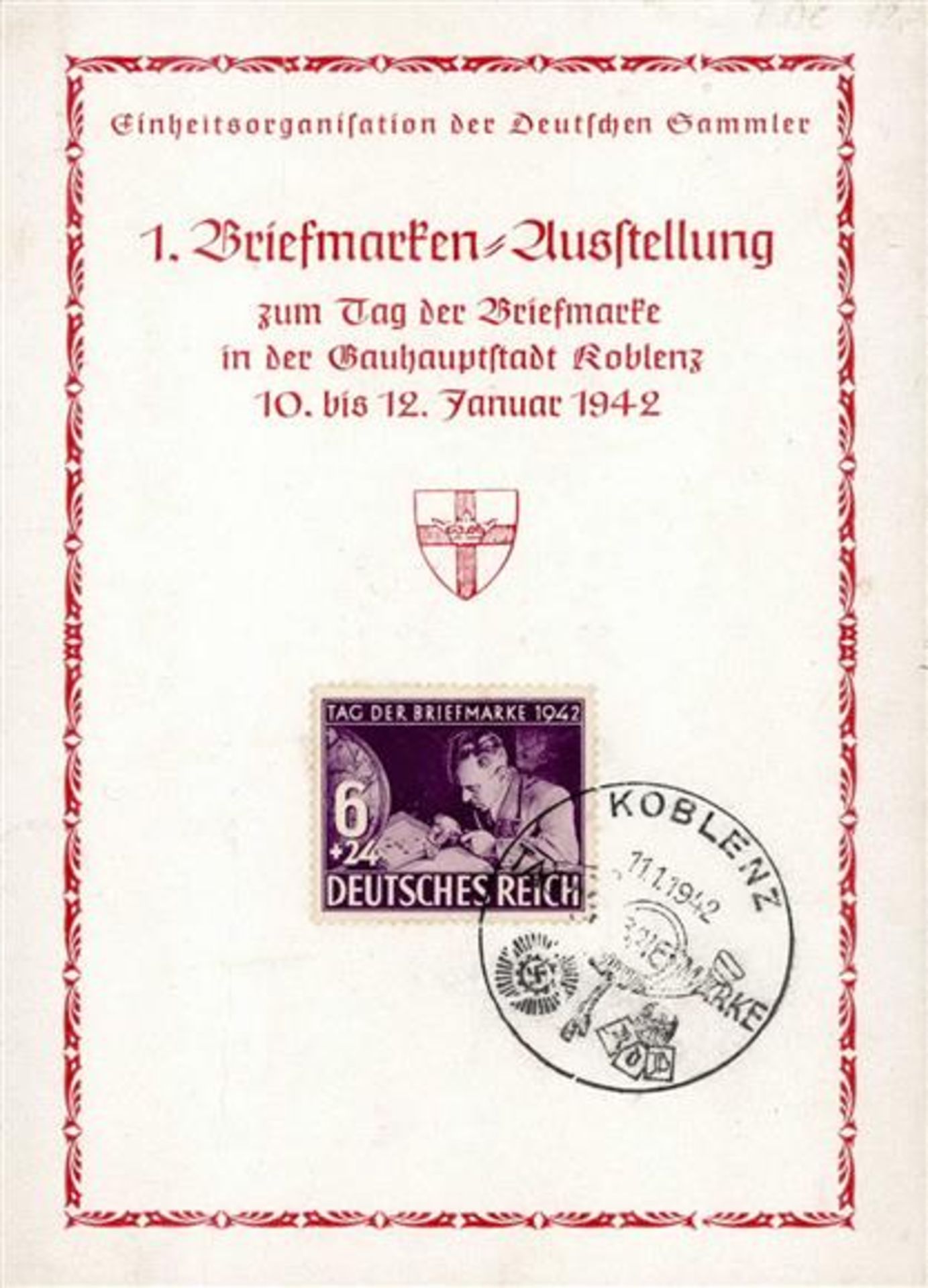 NS-GEDENKBLATT WK II - 1.BRIEFMARKEN-AUSSTELLUNG KOBLENZ 11.1.1942 mit S-o I-II